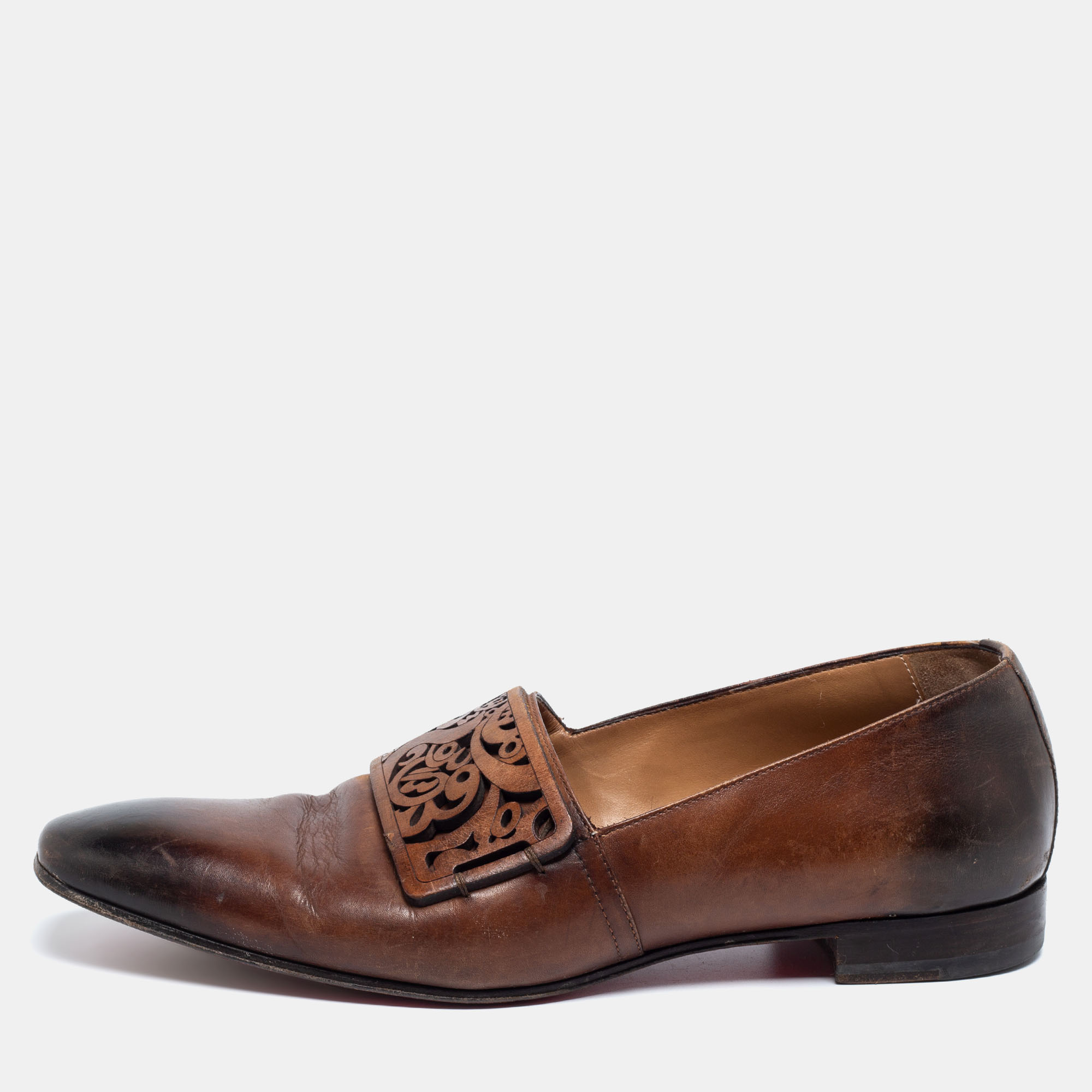 Pre-owned Christian Louboutin Two-tone Leather Laser-cut Strap Loafers Size  42.5 In Brown | ModeSens