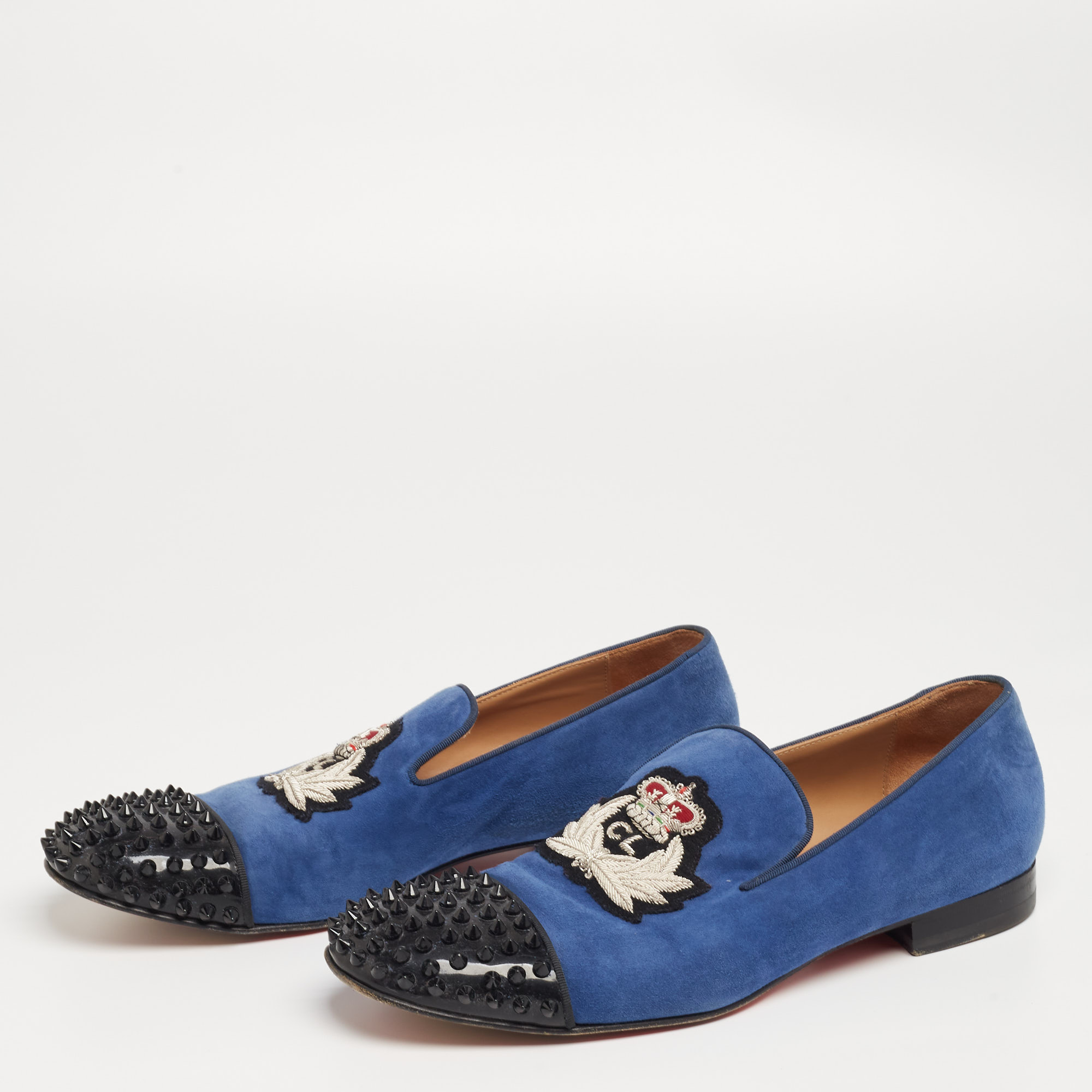 

Christian Louboutin Blue/Black Suede and Patent Leather Harvanana Spiked Cap-Toe Smoking Slippers Size