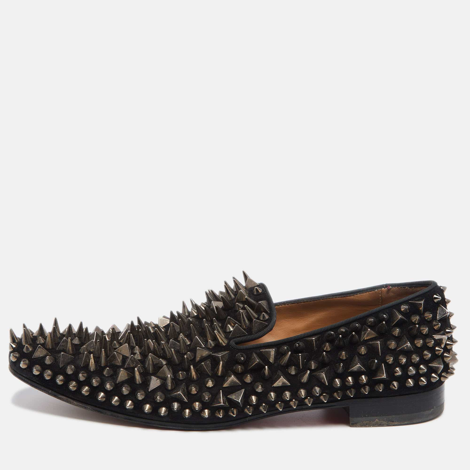 Pre-owned Christian Louboutin Black Suede Spike Loafers Size 42.5