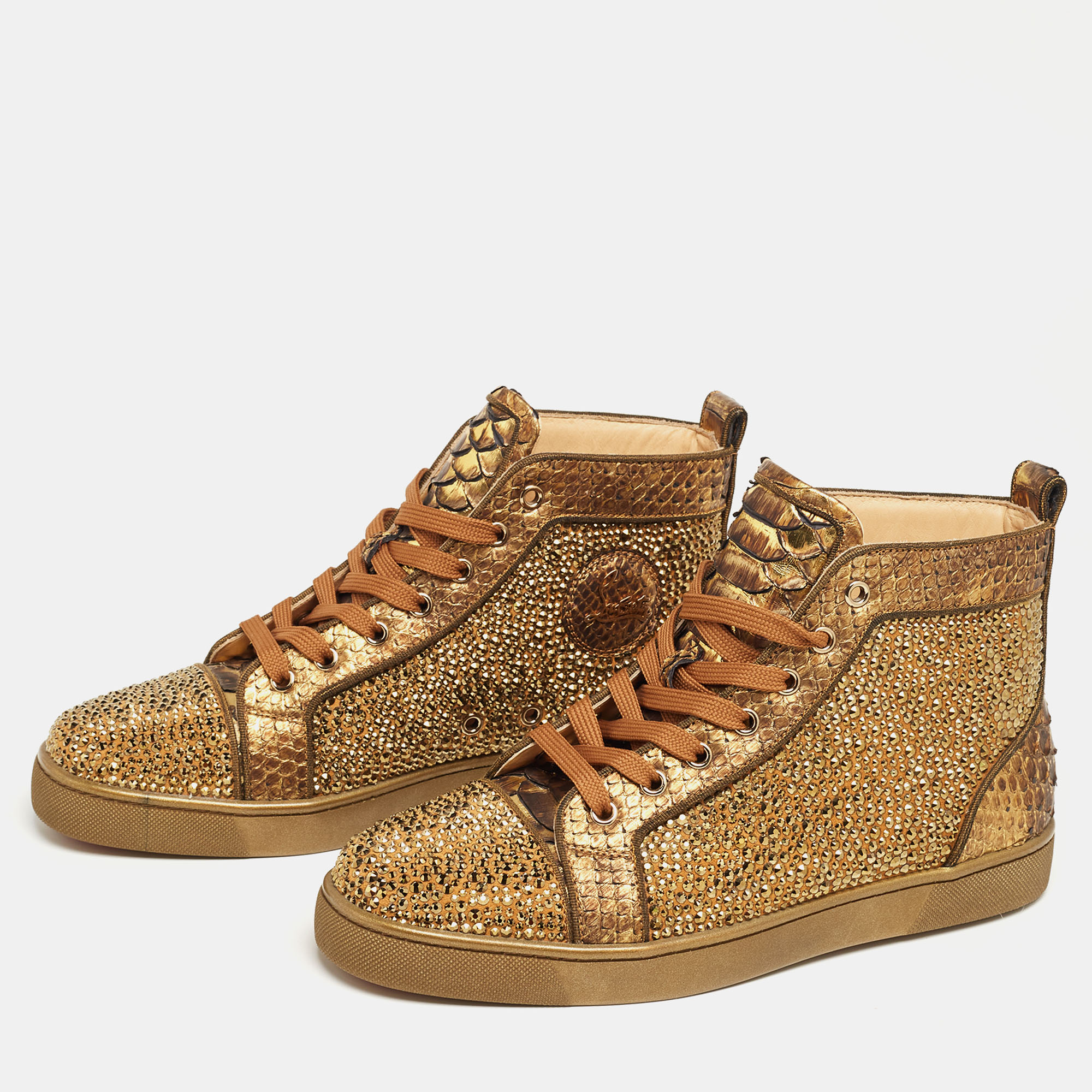 

Christian Louboutin Bronze Python Leather and Crystal Embellished Suede Louis Orlato High-Top Sneakers Size, Metallic