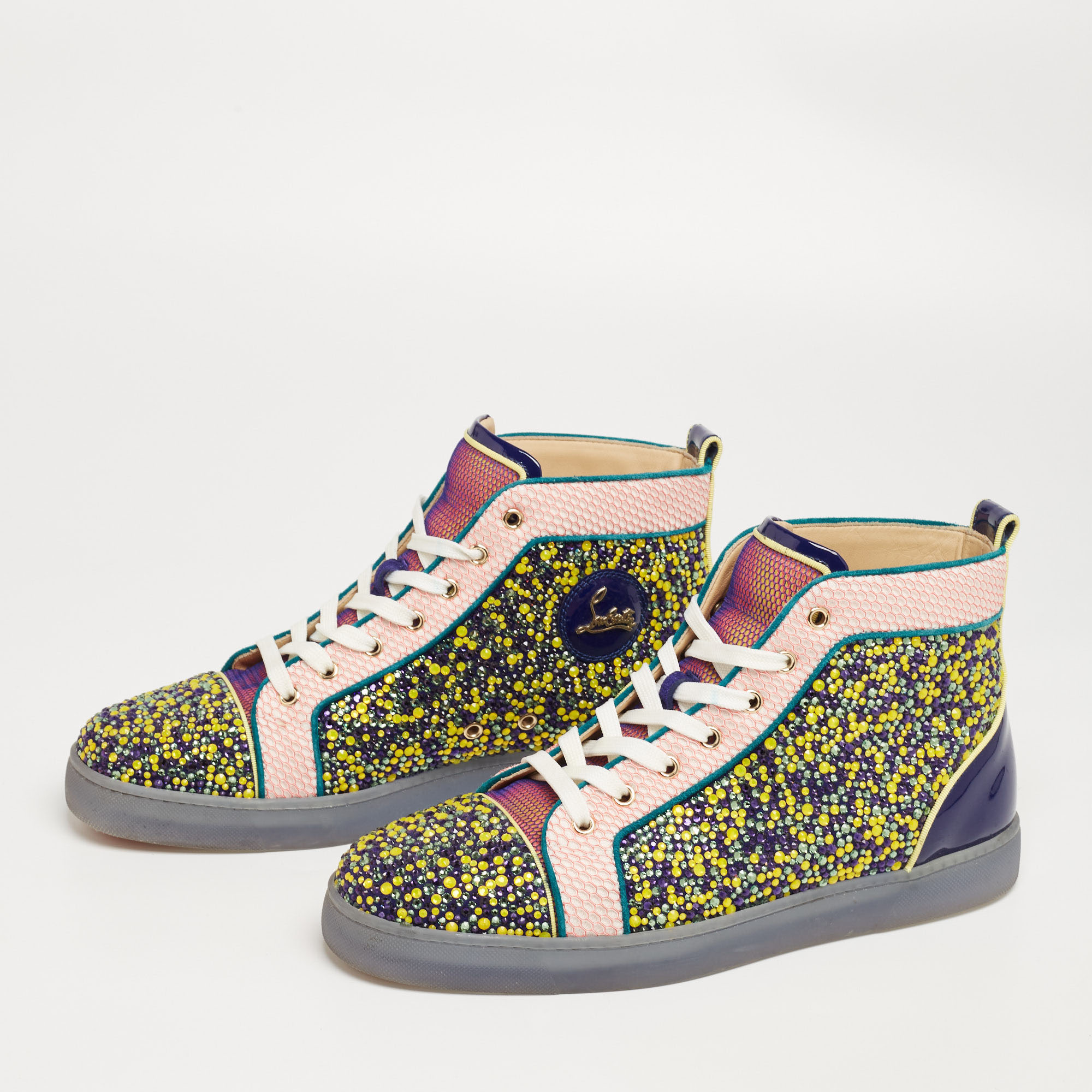 

Christian Louboutin Multicolor Mesh And Patent Leather Crystal Embellished High Top Sneakers Size