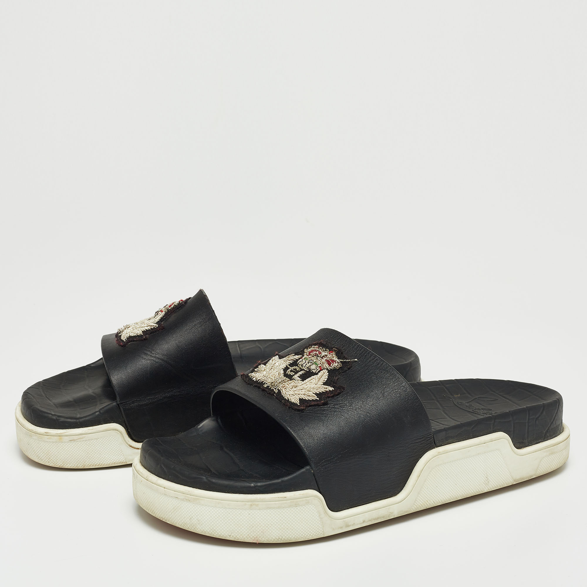 

Christian Louboutin Black Leather Crest Slide Sandals Size