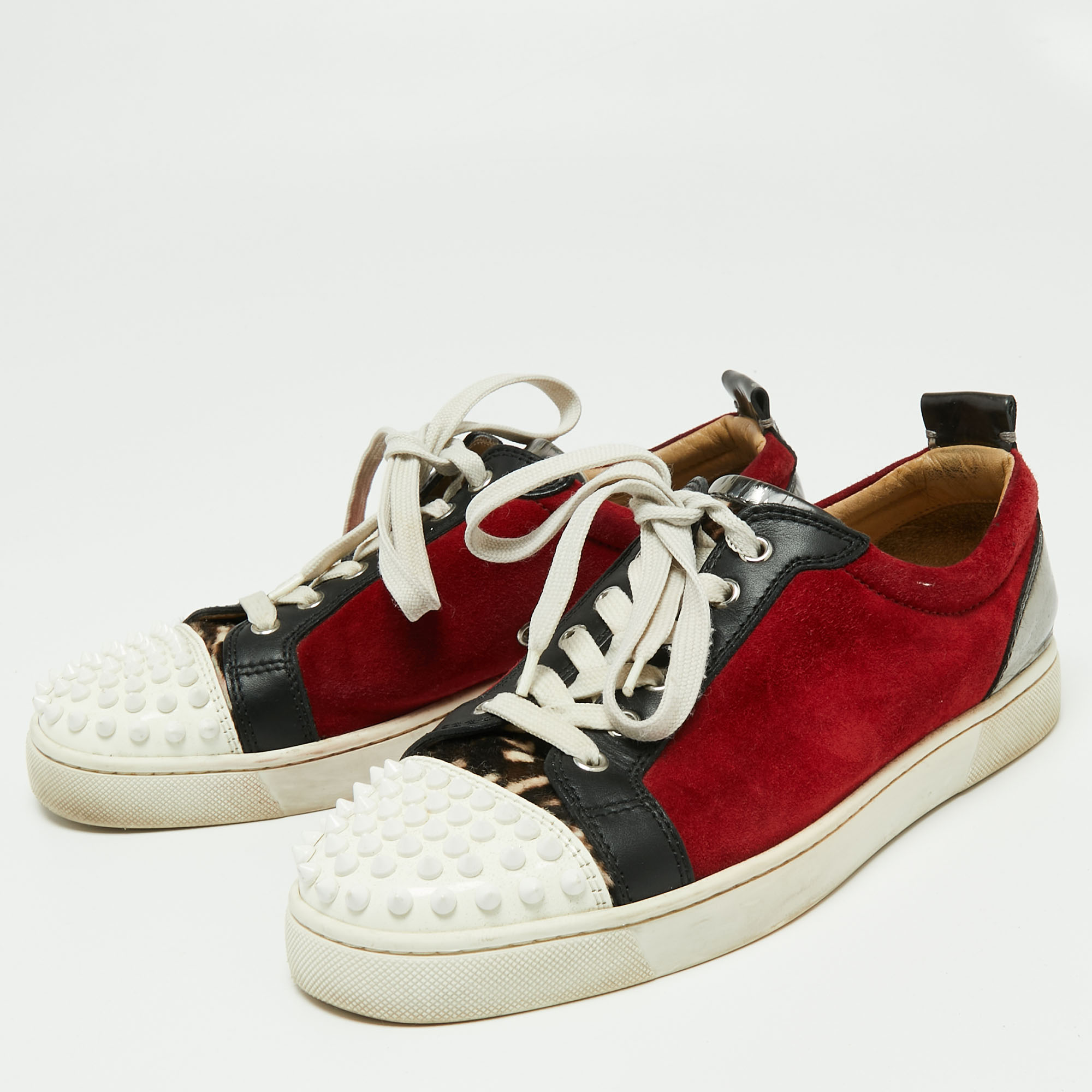 

Christian Louboutin Tri Color Suede, Patent and Leather Junior Spike Low-Top Sneakers Size, Red