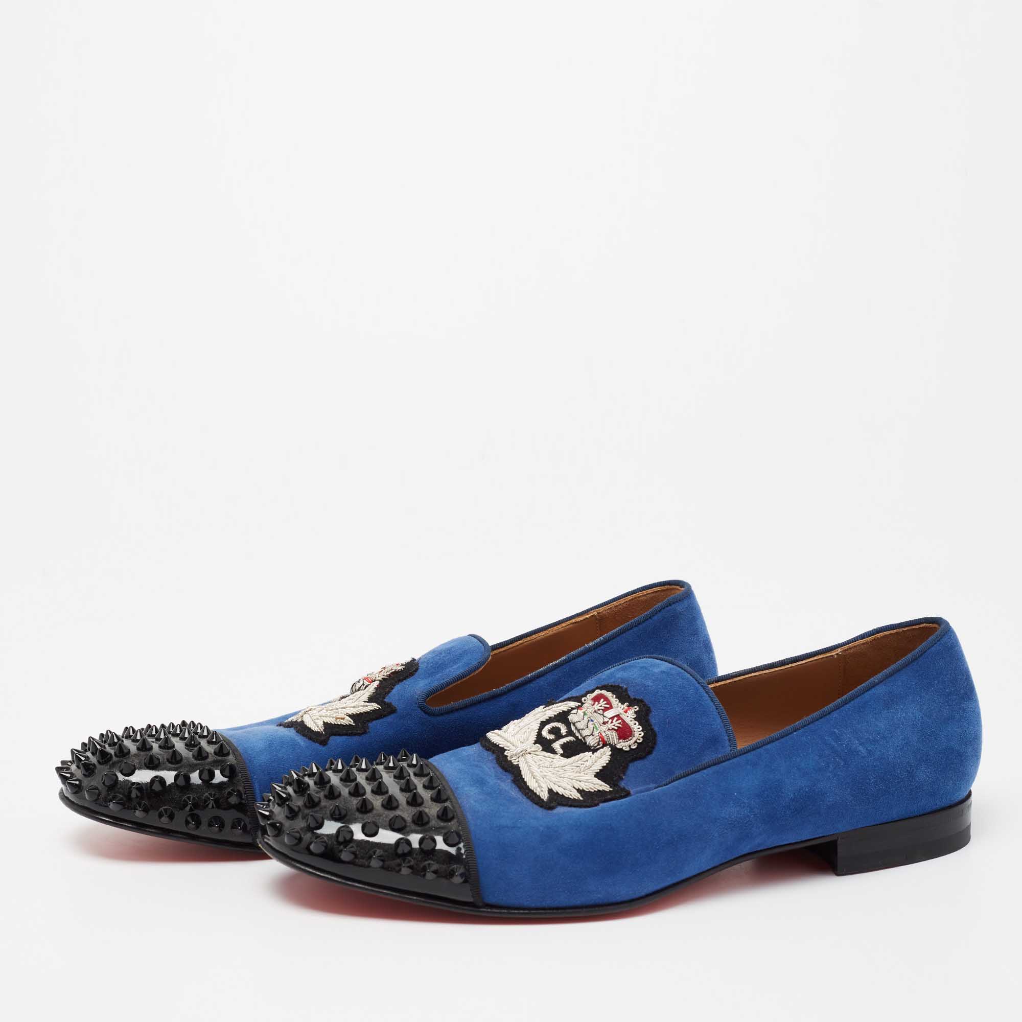 

Christian Louboutin Blue/Black Suede and Patent Leather Harvanana Spiked Smoking Slippers Size