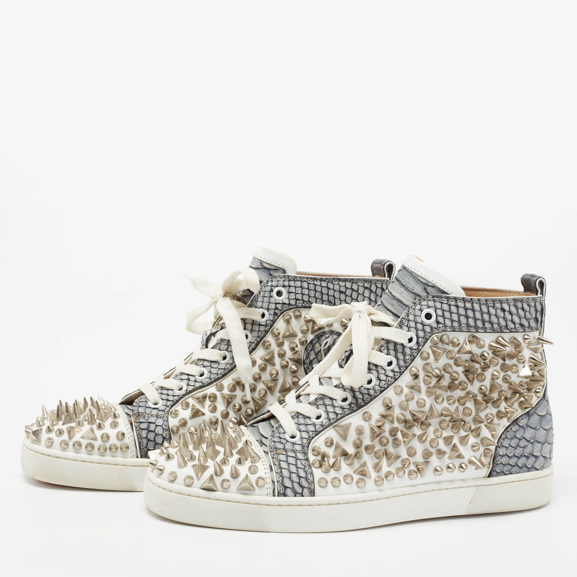 

Christian Louboutin Grey/White Python And Leather Louis Spikes High Top Sneakers Size