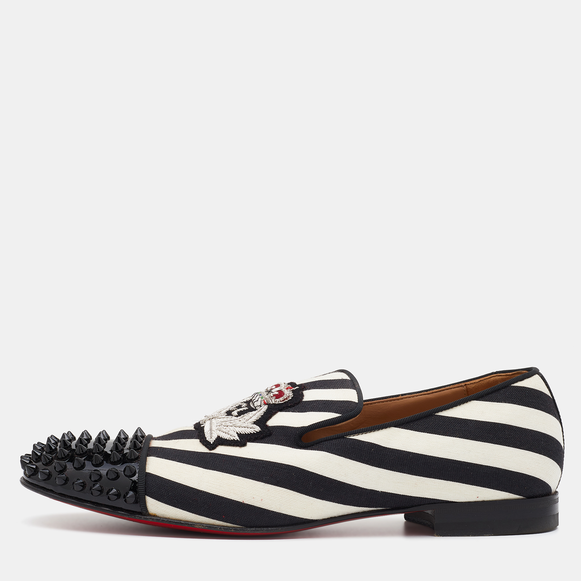 Pre-owned Christian Louboutin Black/white Patent Leather And Striped Canvas Havanana Spikes Smoking Slippers Size 42