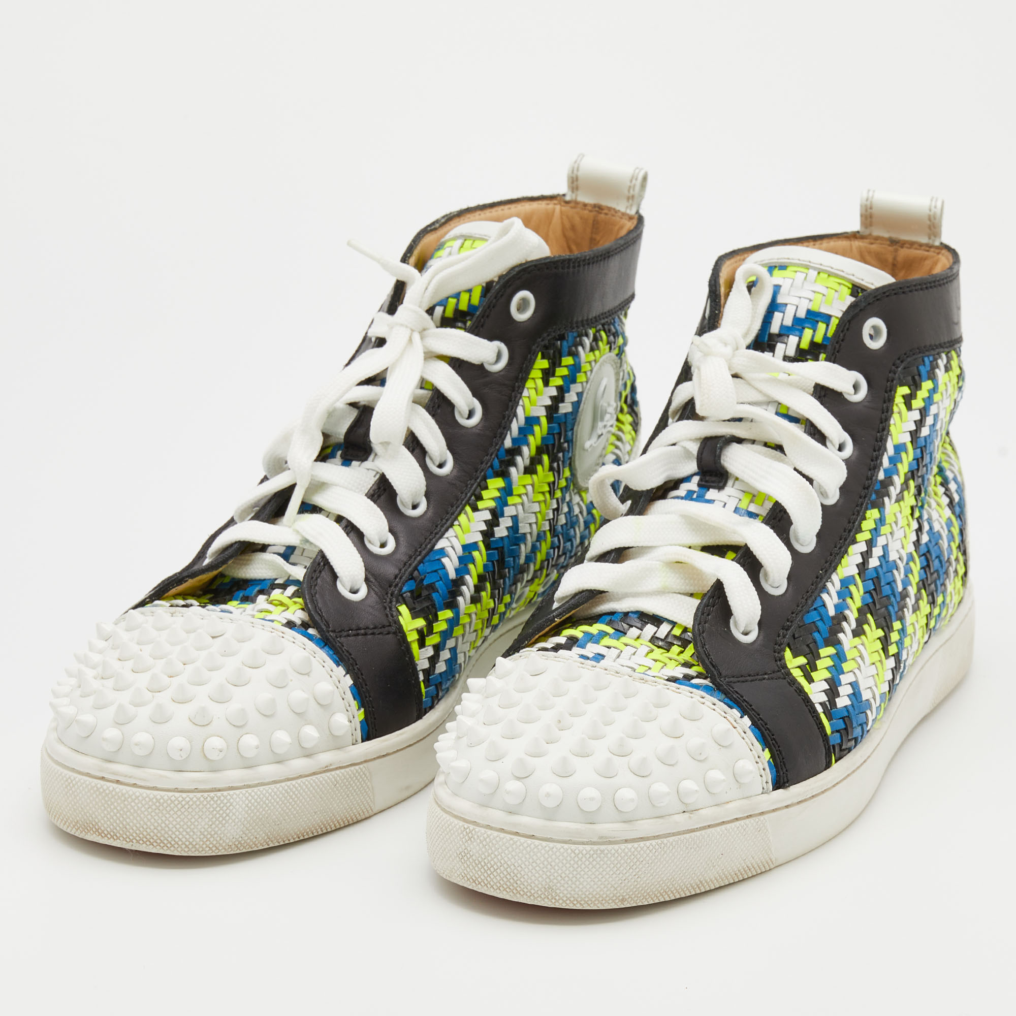 

Christian Louboutin Multicolor Woven Leather Louis Spikes Cap Toe High Top Sneakers Size