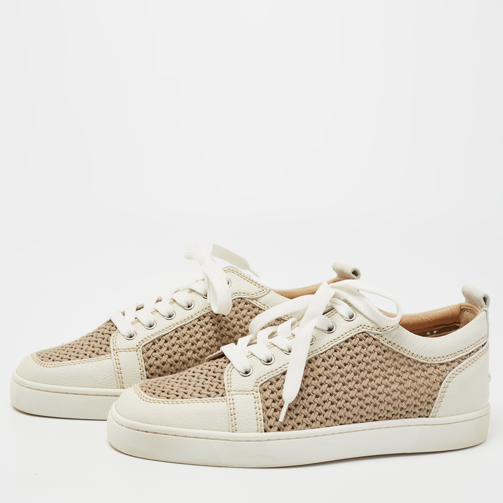 

Christian Louboutin White/Brown Leather and Woven Fabric Rantulow Low-Top Sneakers Size