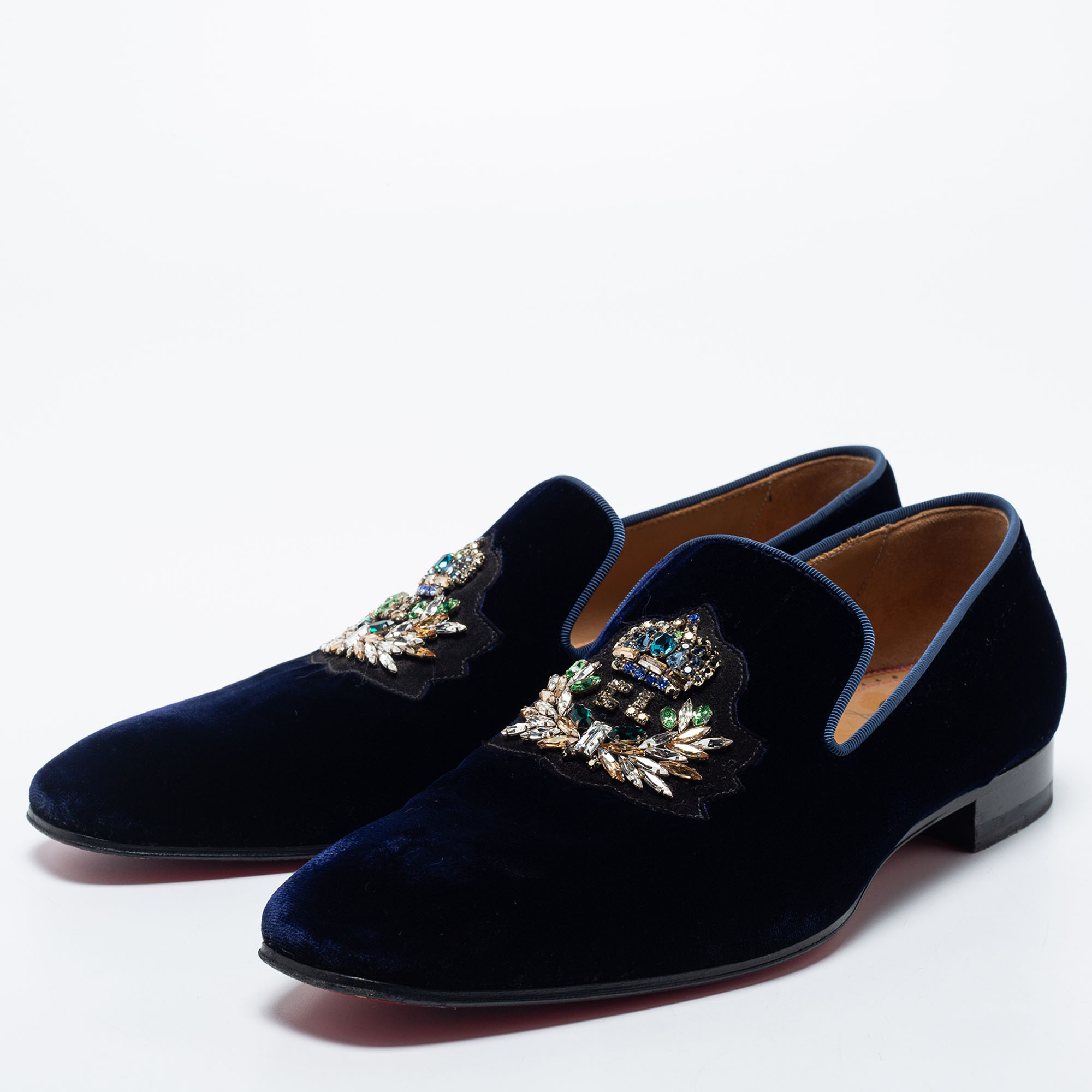 

Christain Louboutin Navy Blue Velvet Dandelion Crystal Embellished Smoking Slippers Size