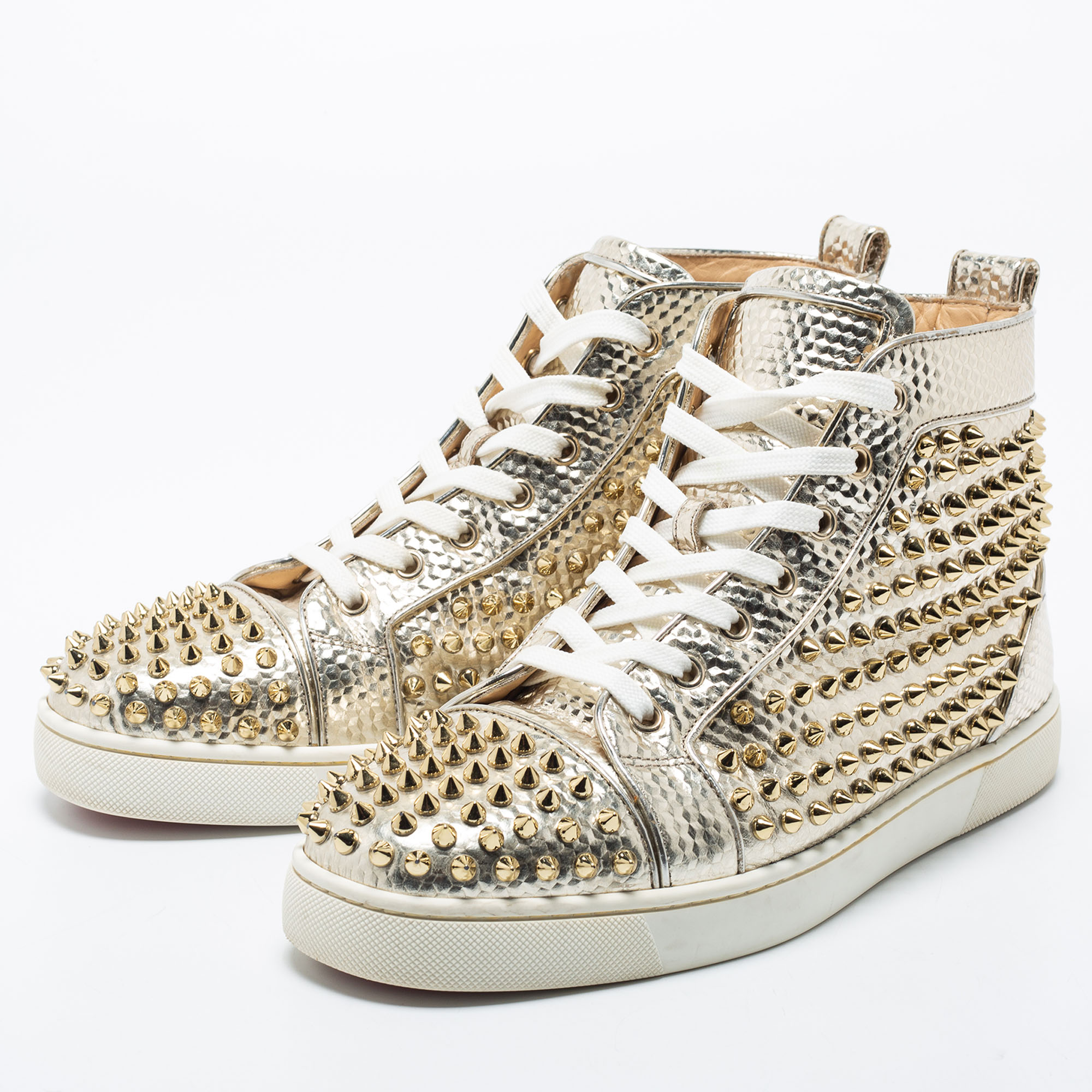 

Christian Louboutin Gold Texture Leather Louis Junior Spikes High Top Sneakers Size