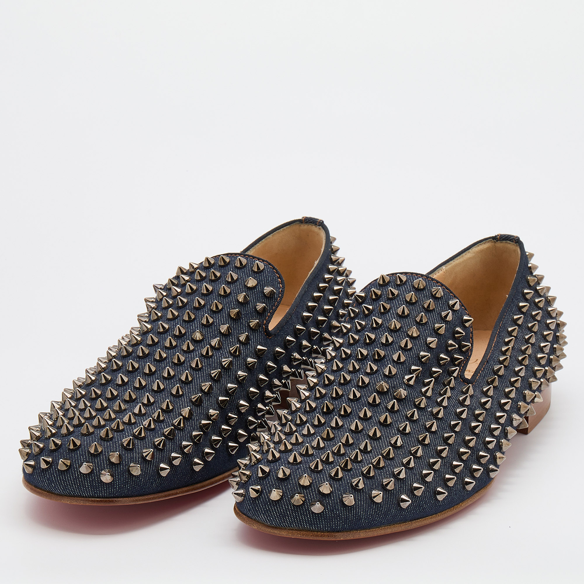 

Christian Louboutin Navy Blue Denim Rollerball Spikes Smoking Slippers Size