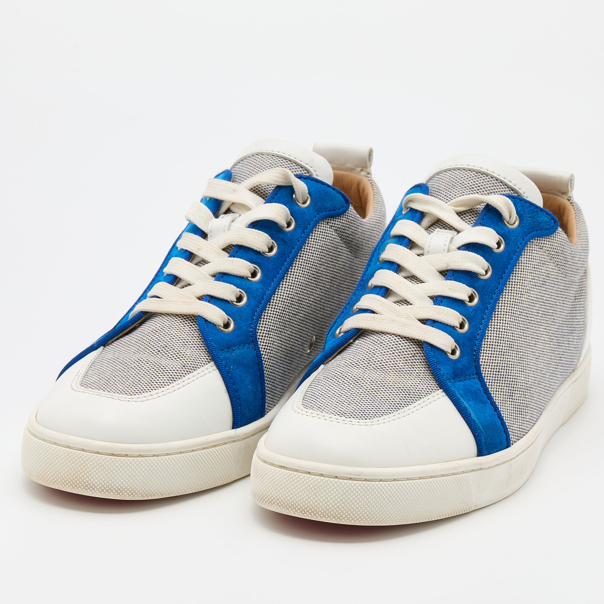 

Christian Louboutin White/Navy Blue Leather and Woven Fabric Rantulow Low Top Sneakers Size