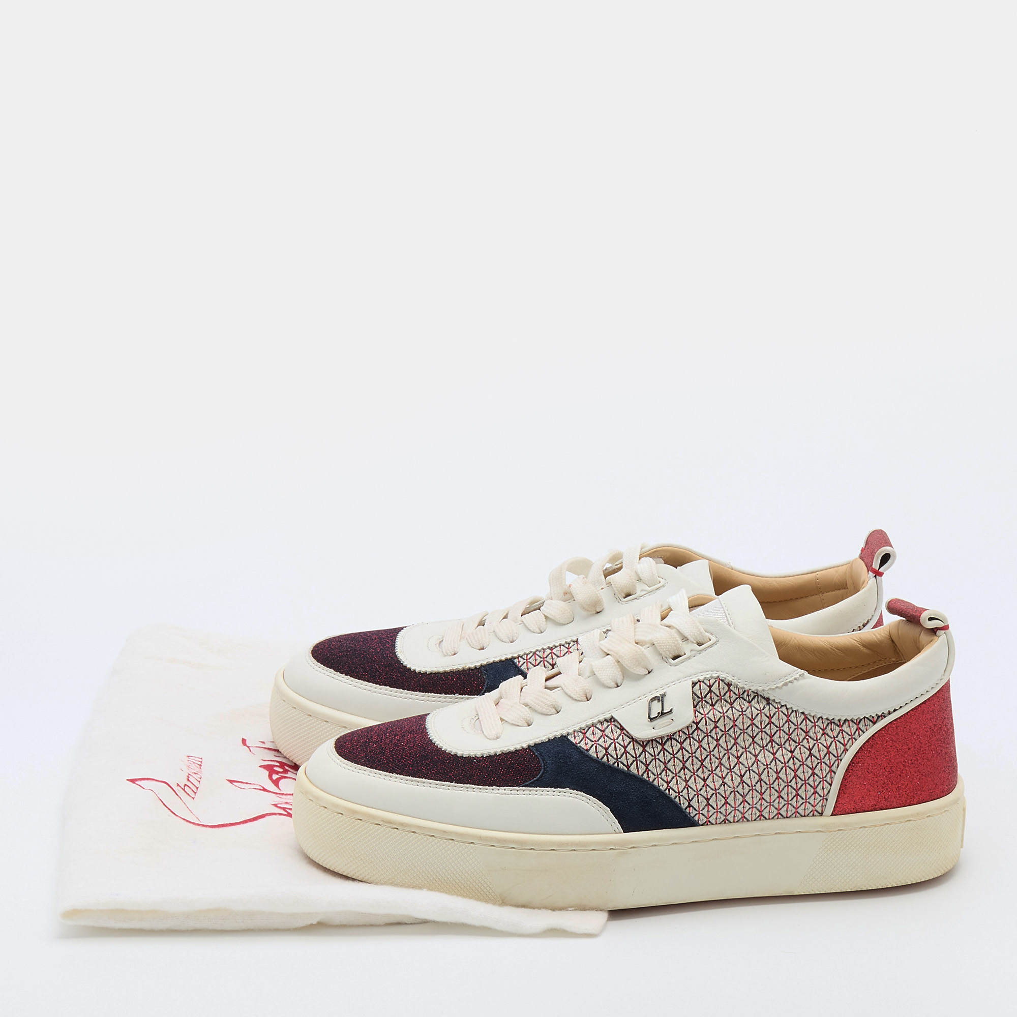 Pre Owned Christian Louboutin Multicolor Leather and Glitter Happy Rui Sneakers Size 43