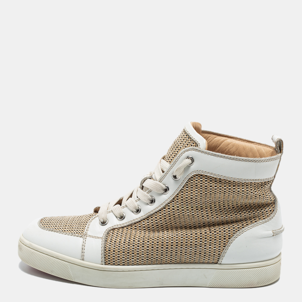 Pre-owned Christian Louboutin Beige/white Woven Fabric And Leather Rantus Orlato High Top Sneakers Size 40