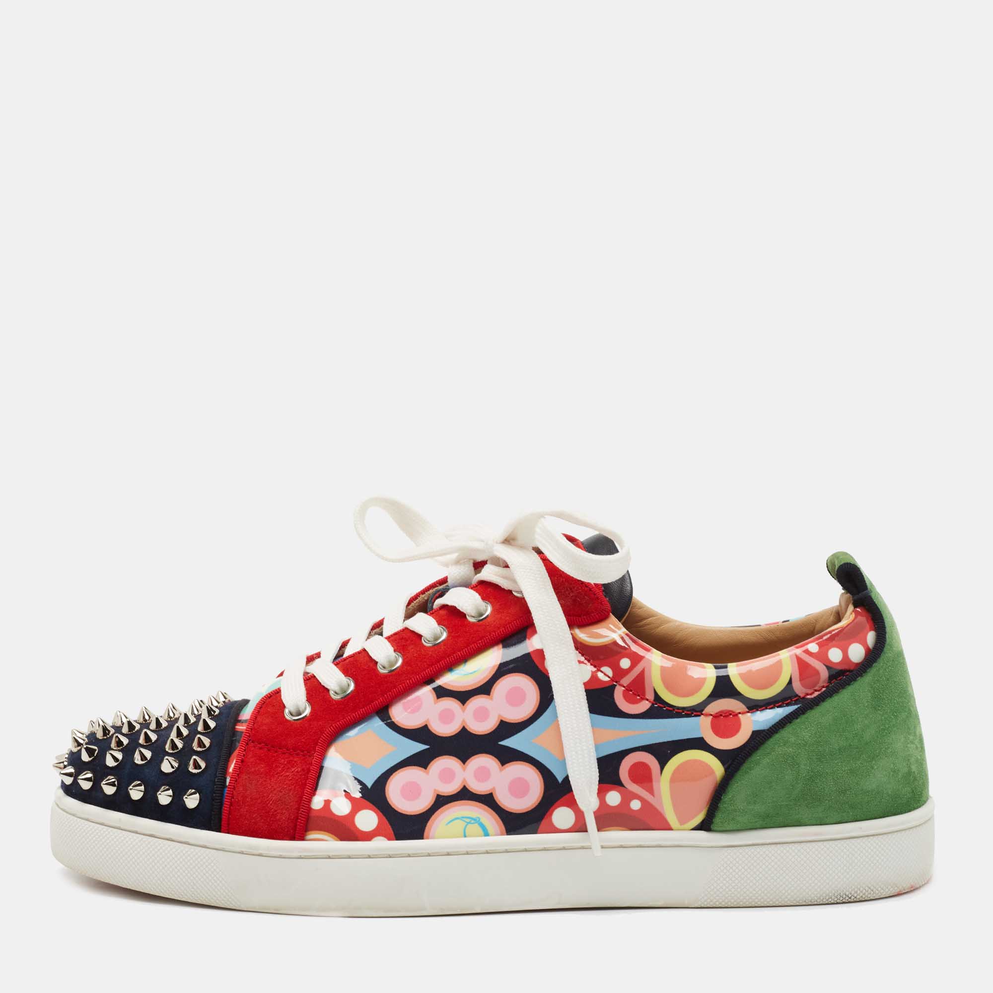Pre Owned Christian Louboutin Multicolor Printed Patent Leather and Suede Louis Junior Spike Low Top Sneakers Size 44