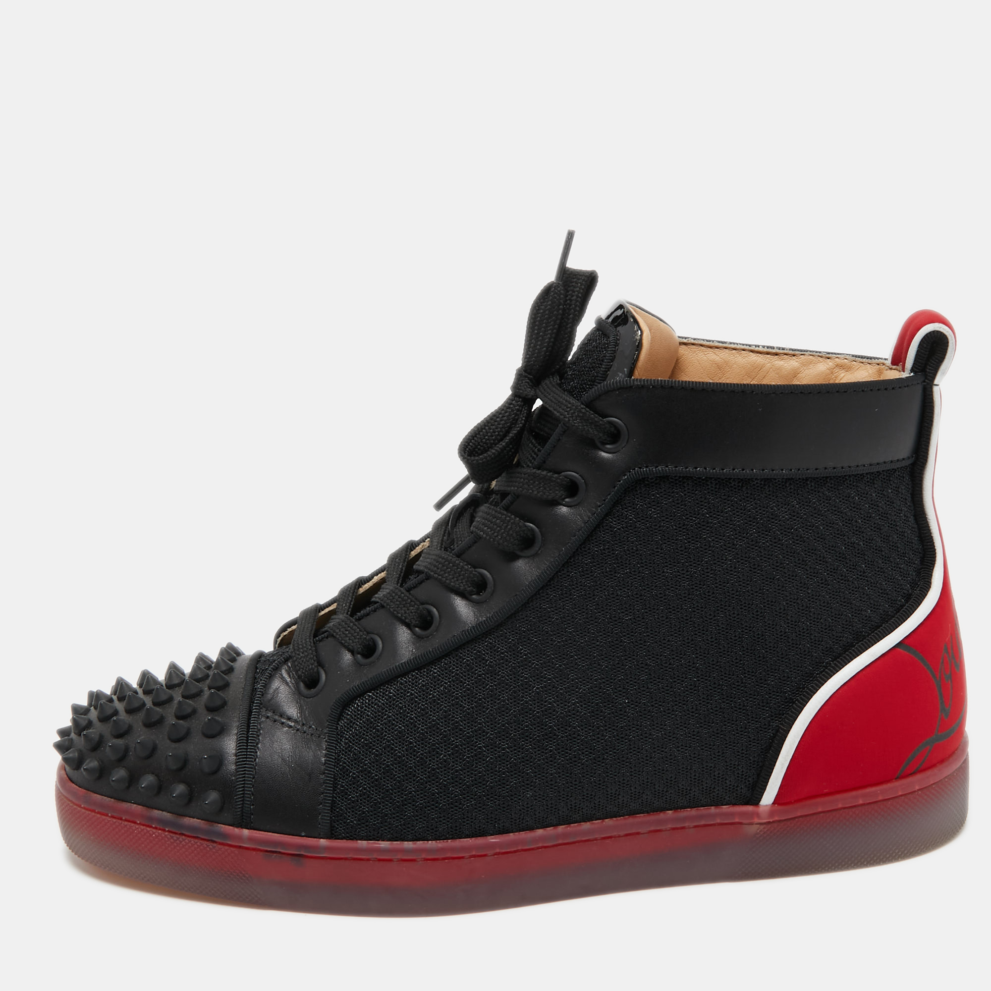 Pre-owned Christian Louboutin Black/red Leather, Mesh And Neoprene Louis Spikes Orlato Sneakers Size 40