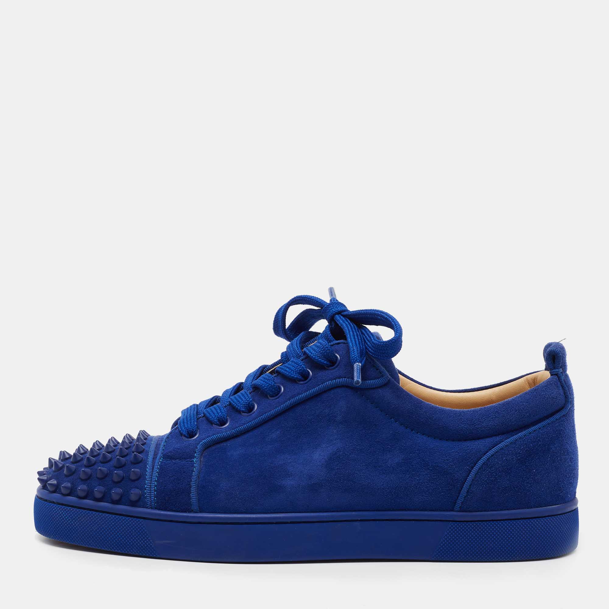 Pre-owned Christian Louboutin Blue Suede Louis Junior Spike Low Top Sneakers Size 40.5