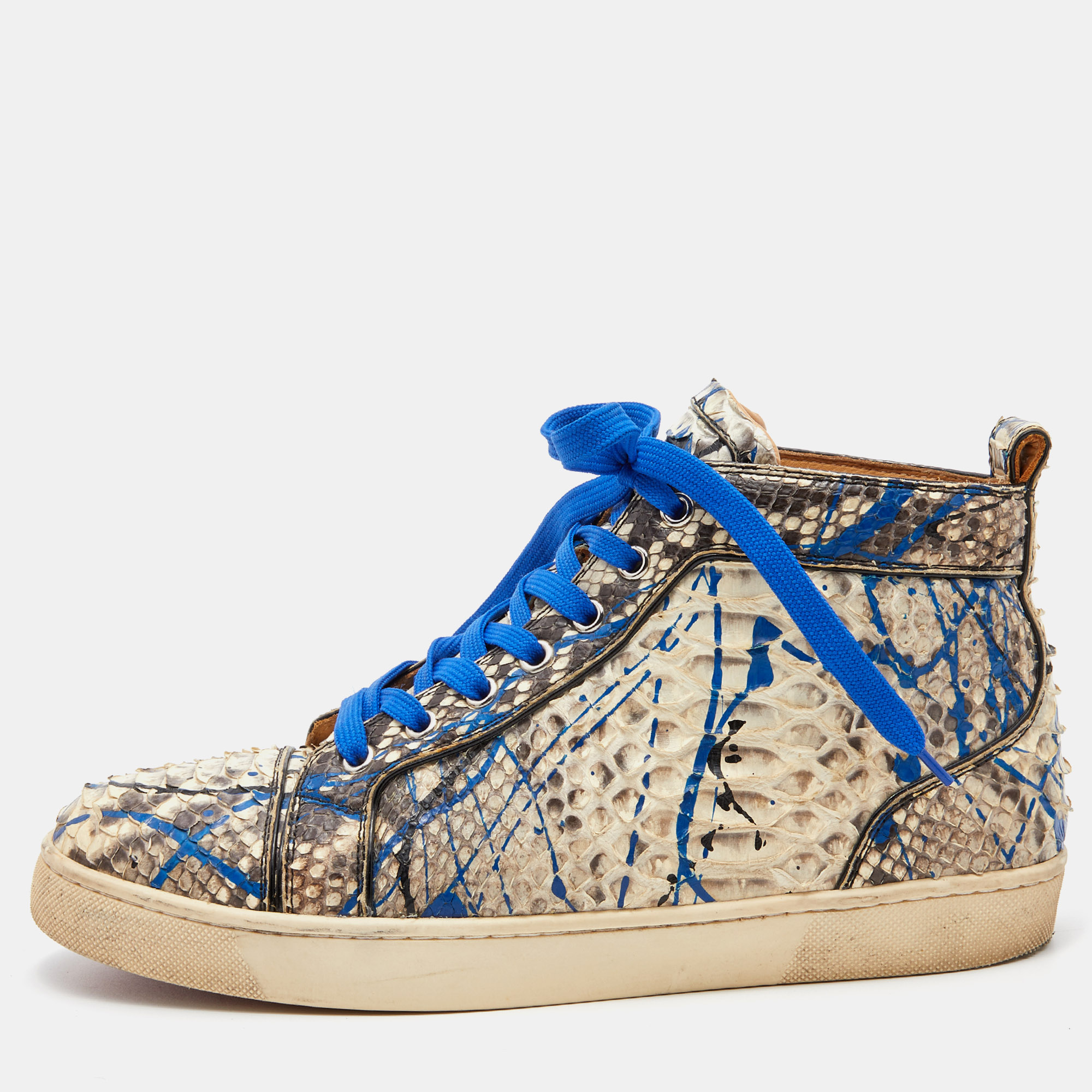 Pre-owned Christian Louboutin Blue/grey Python Leather Graffiti Louis Flat High Top Sneakers Size 41