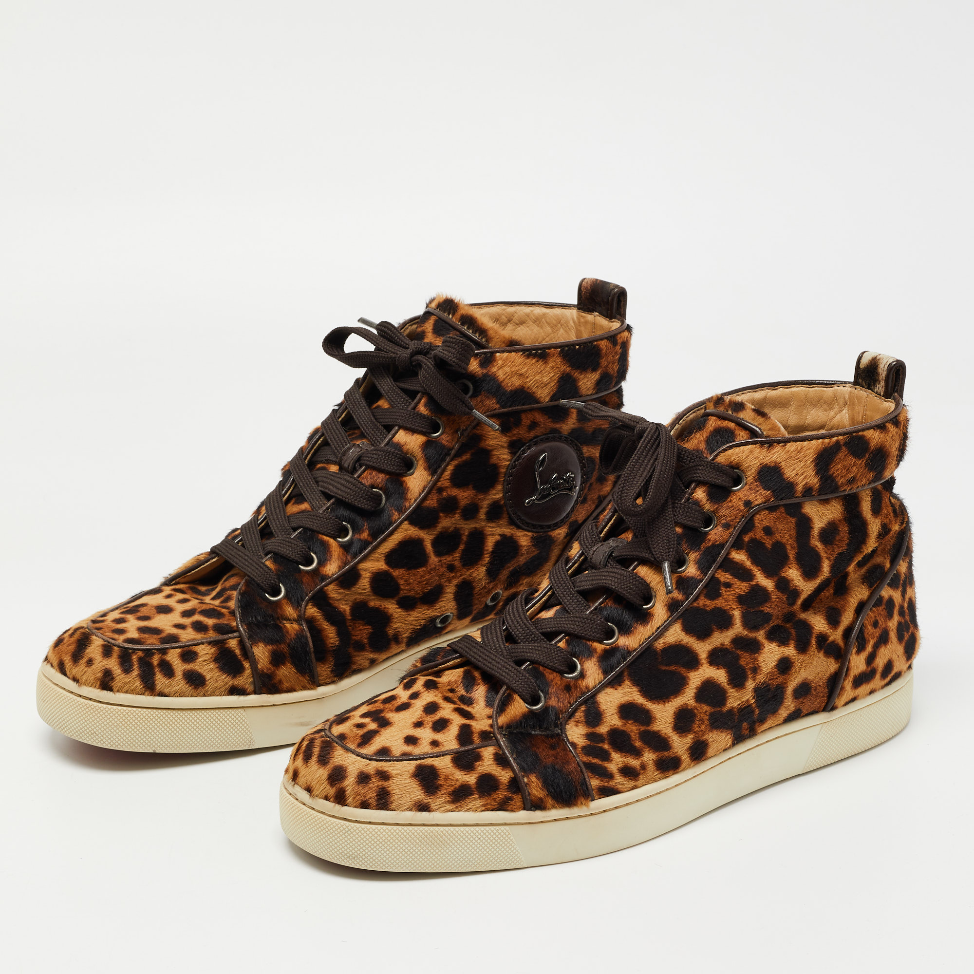 

Christian Louboutin Two Tone Leopard Print Calf Hair Rantus Orlato High Top Sneakers Size, Brown