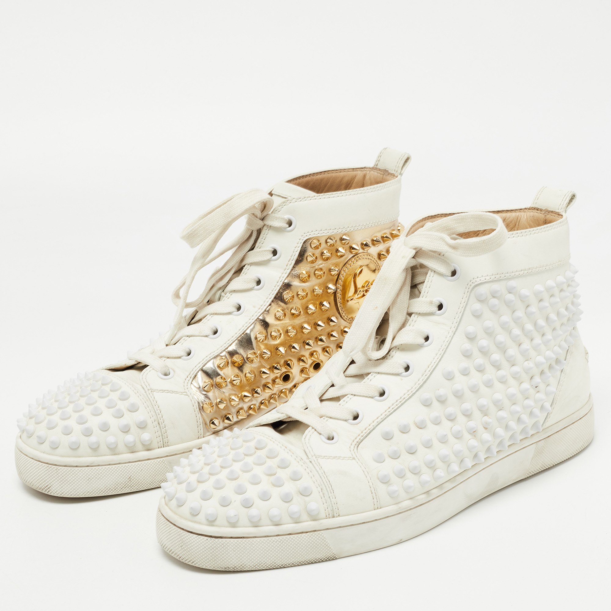 

Christian Louboutin Gold/White Leather Louis Spikes High Top Sneakers Size