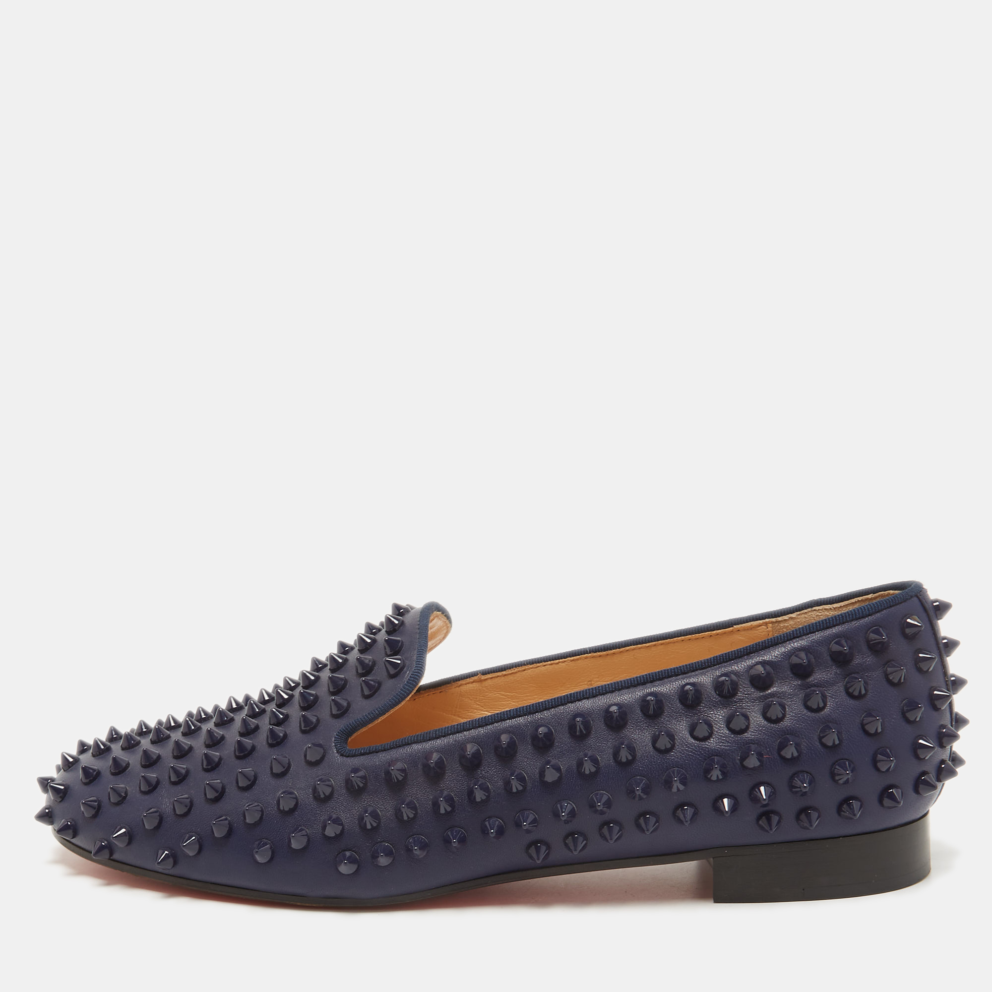 

Christian Louboutin Navy Blue Leather Dandelion Spike Slip On Loafers Size