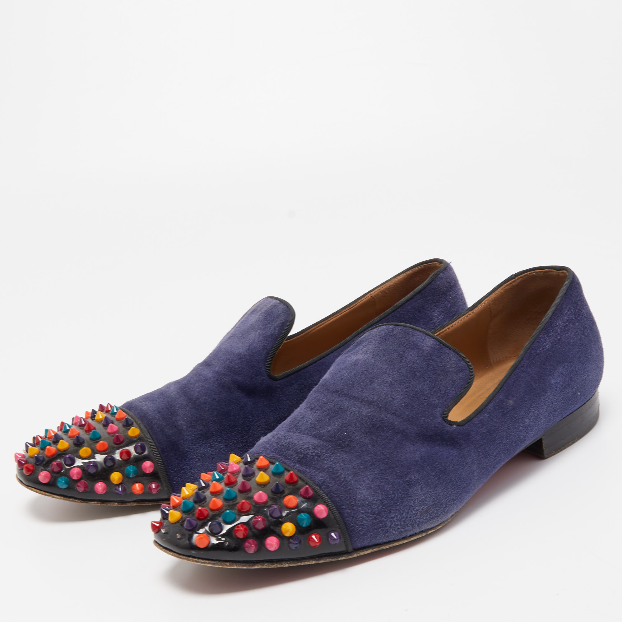 

Christian Louboutin Navy Blue/Black Suede and Patent Leather Spooky Spike Smoking Slippers Size