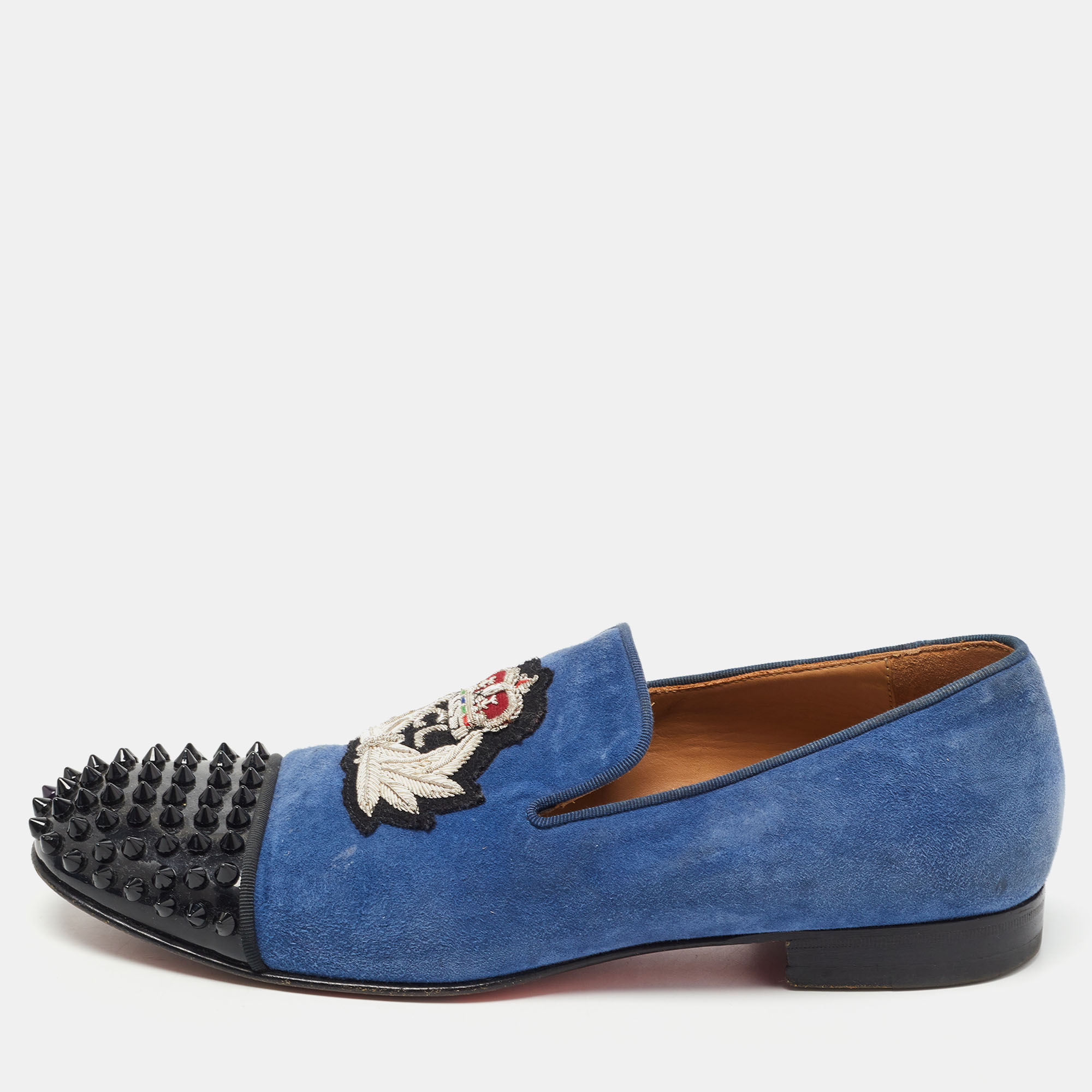 Pre-owned Christian Louboutin Blue/black Suede And Patent Leather Harvanana Spiked Smoking Slippers Size 40