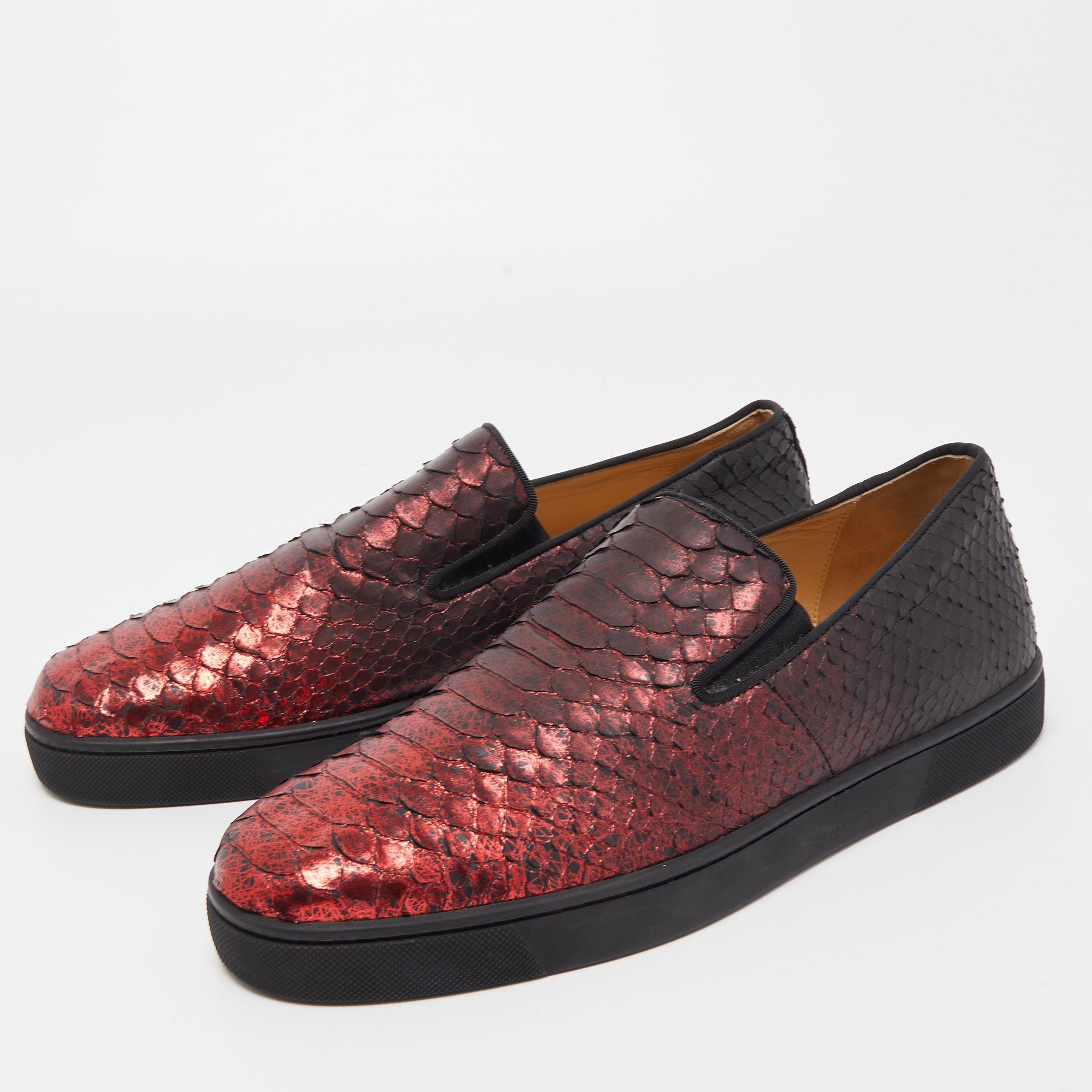 

Christian Louboutin Black/Metallic Red Python Slip On Sneakers Size