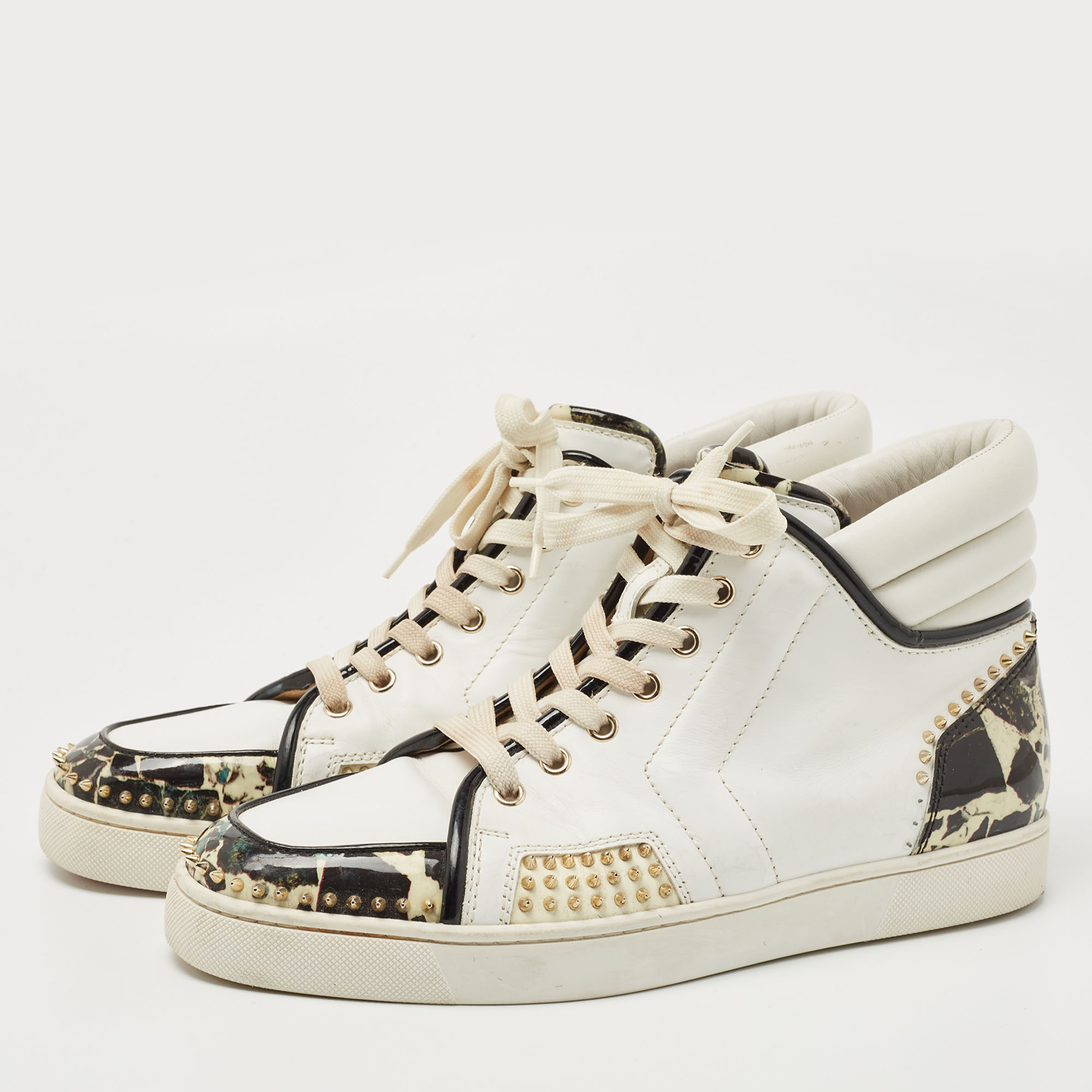 

Christian Louboutin Tricolor Leather and Stone Print Patent Spikes High Top Sneakers Size, White