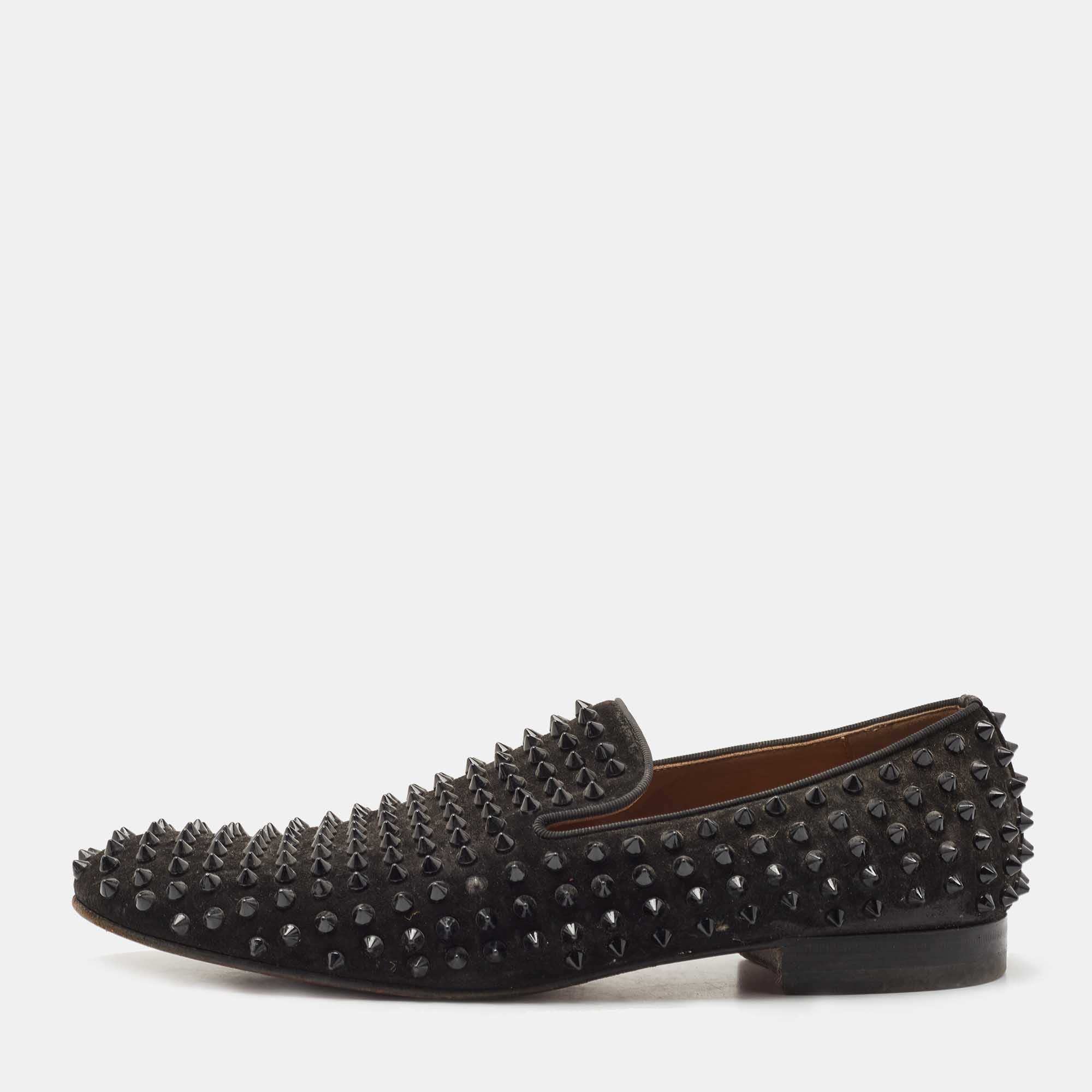 Pre-owned Christian Louboutin Black Suede Dandelion Spike Smoking Slippers Size 42.5