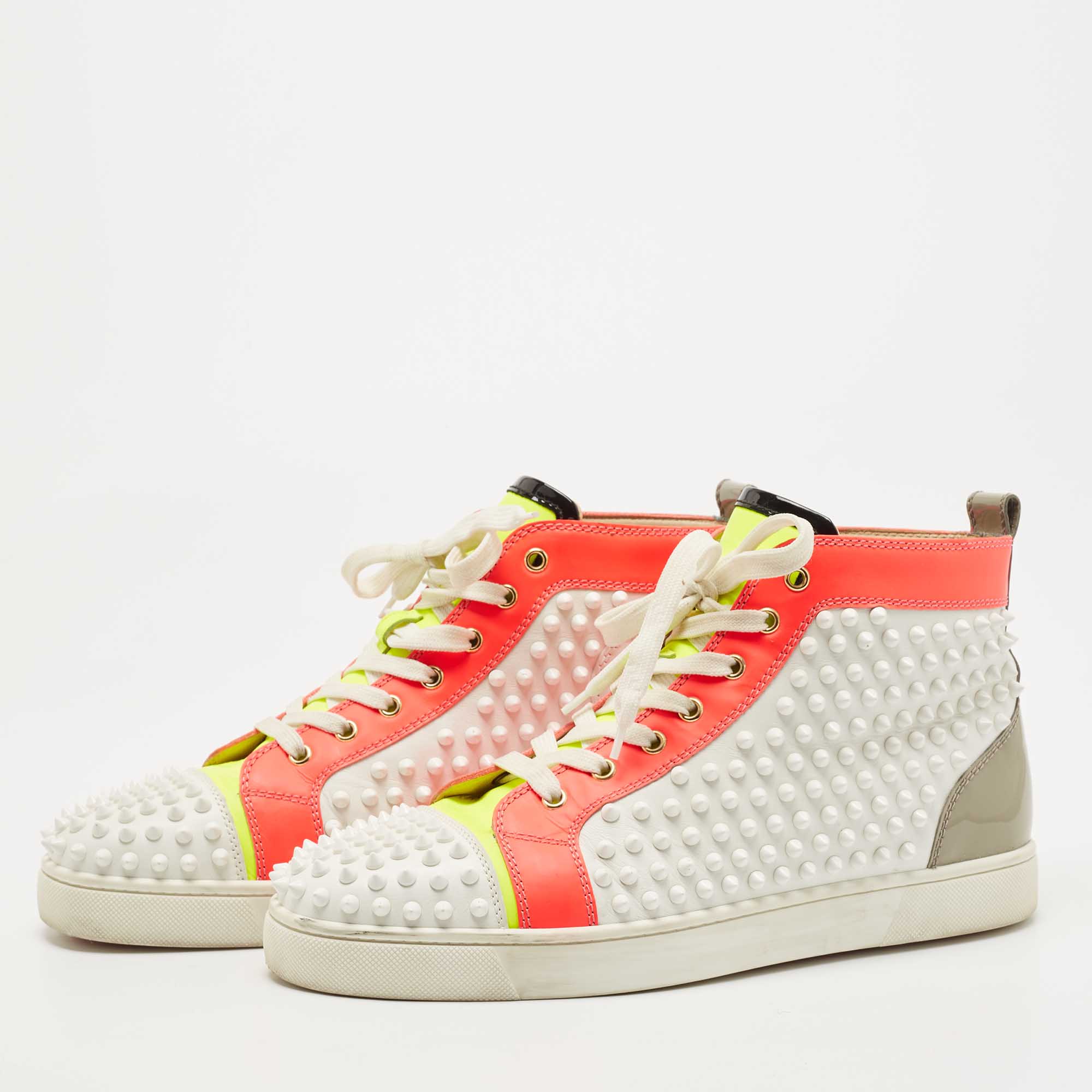 

Christian Louboutin Tricolor Patent and Leather Louis Spikes High Top Sneakers Size, White