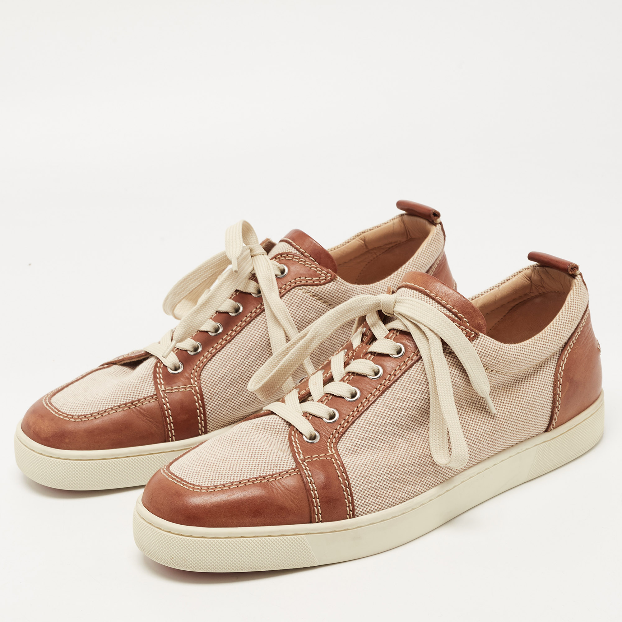 

Christian Louboutin Beige/Brown Canvas and Leather Rantulow Low Top Sneakers Size