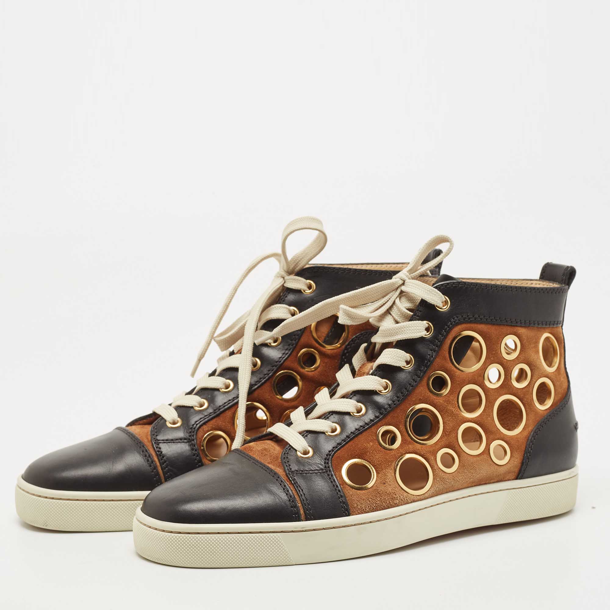 

Christian Louboutin Black/Brown Leather and Suede Laser Cut High Top Sneakers Size