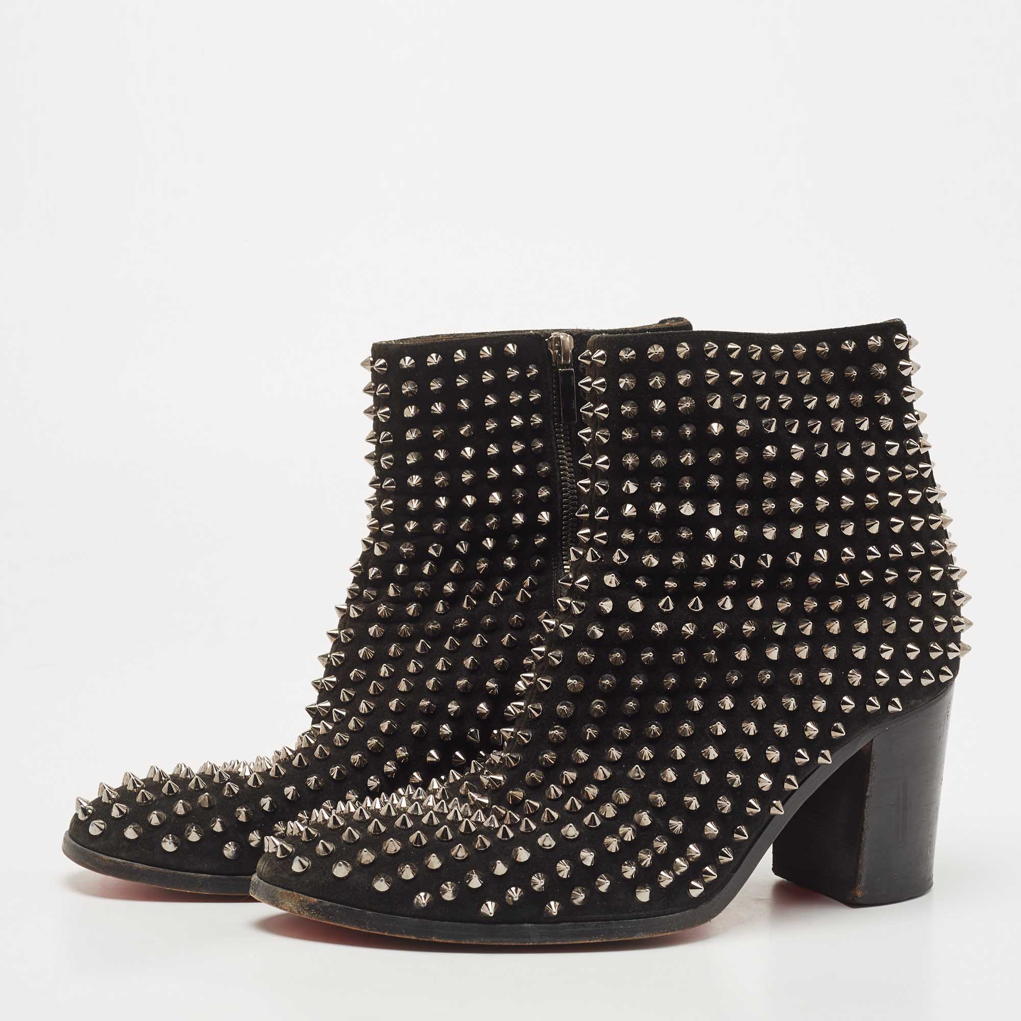 

Christian Louboutin Black Suede Spikes Block Heel Ankle Boots Size