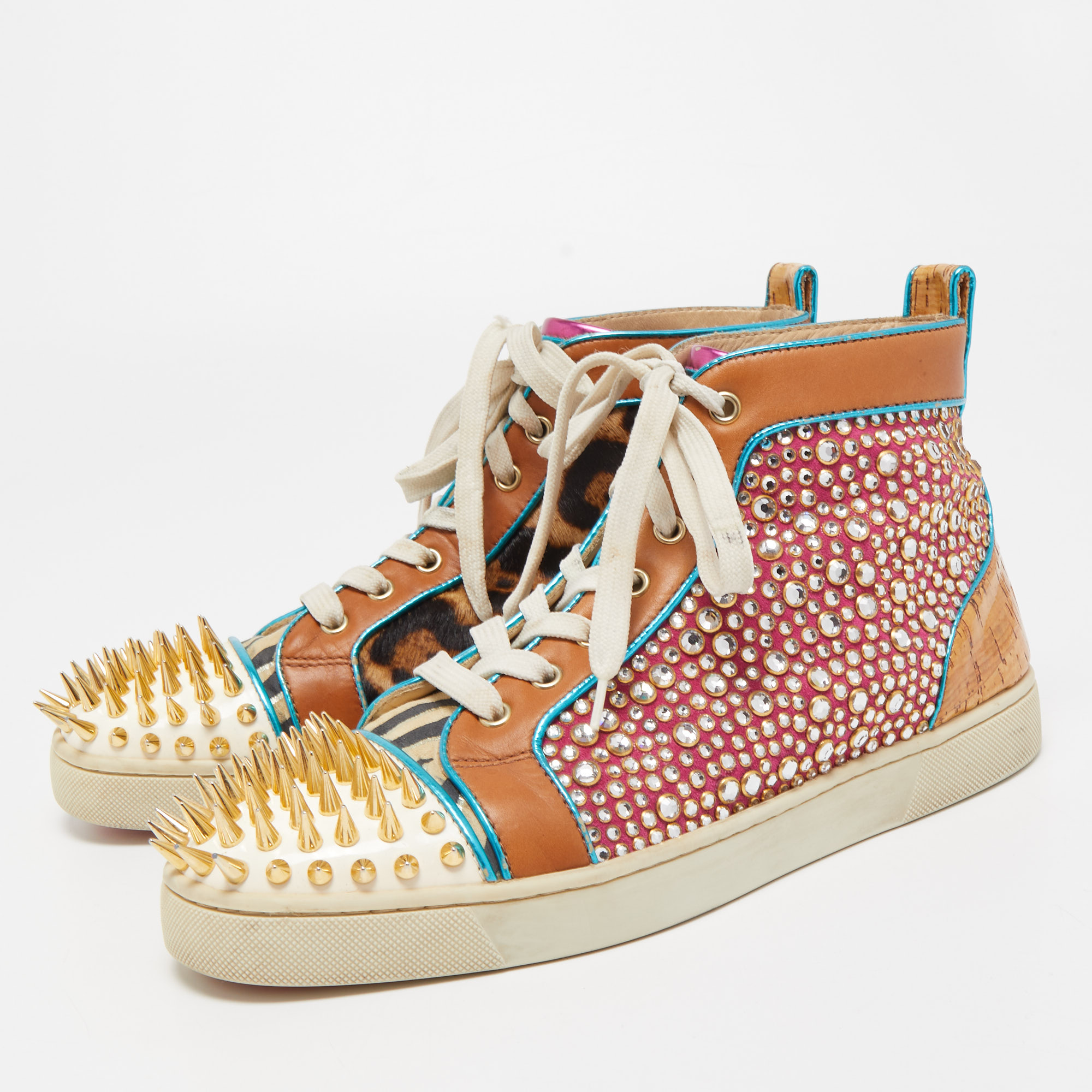 

Christian Louboutin Multicolor Crystal Embellished Suede, Leopard Print Calf Hair and Leather No Limit Spikes Sneakers Size, Brown