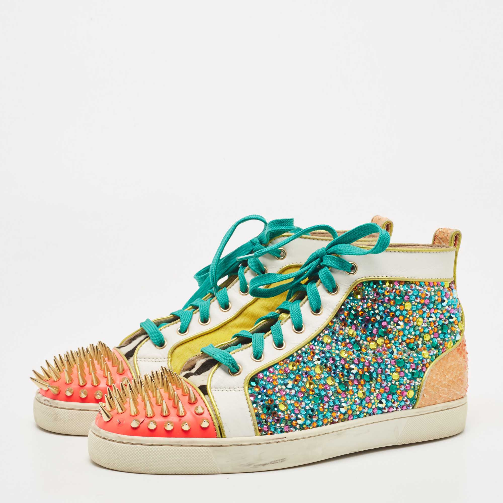 

Christian Louboutin Multicolor Crystal Embellished Suede, Calf Hair and Patent Leather No Limit Spikes Sneakers Size