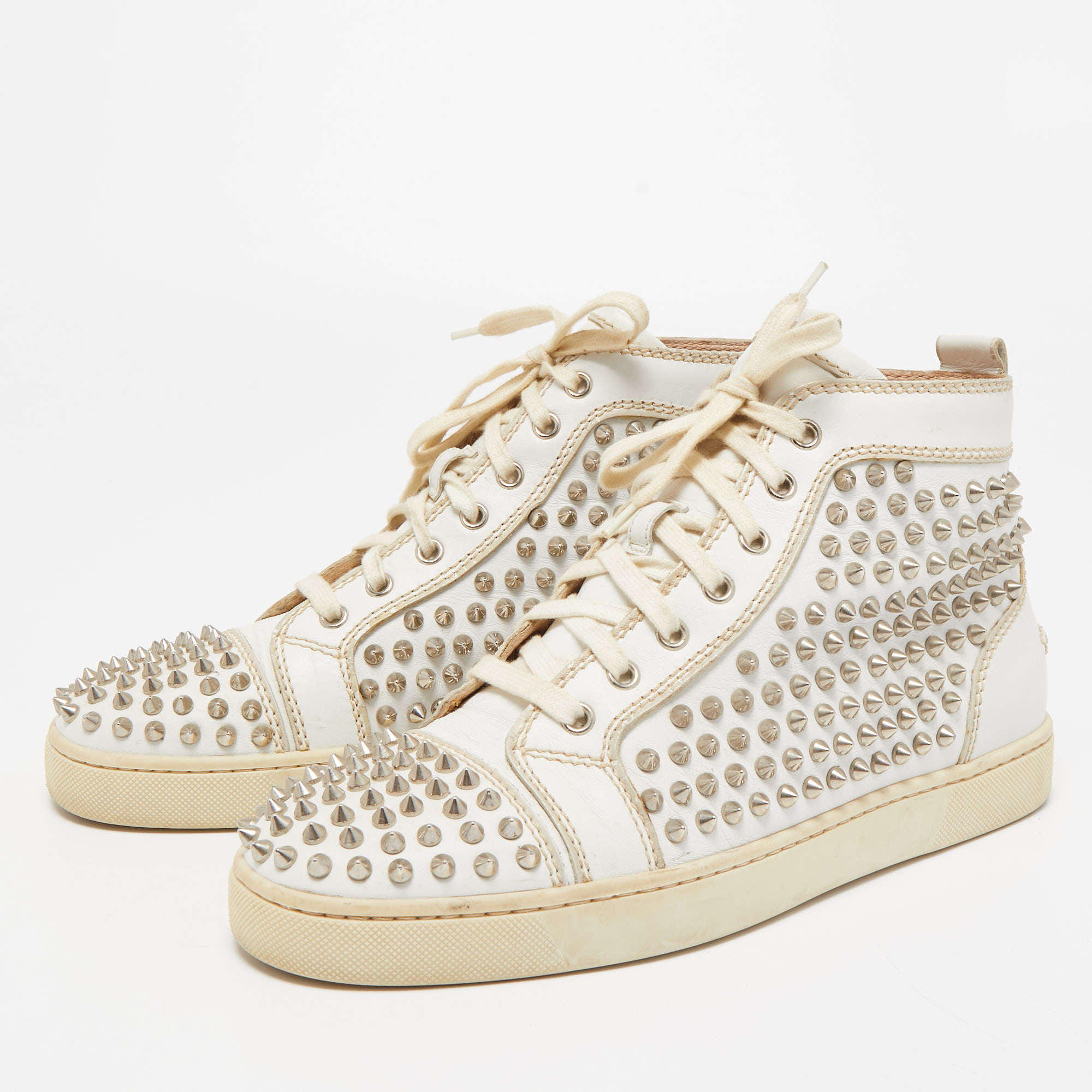 

Christian Louboutin White Leather Louis Spikes High Top Sneakers Size