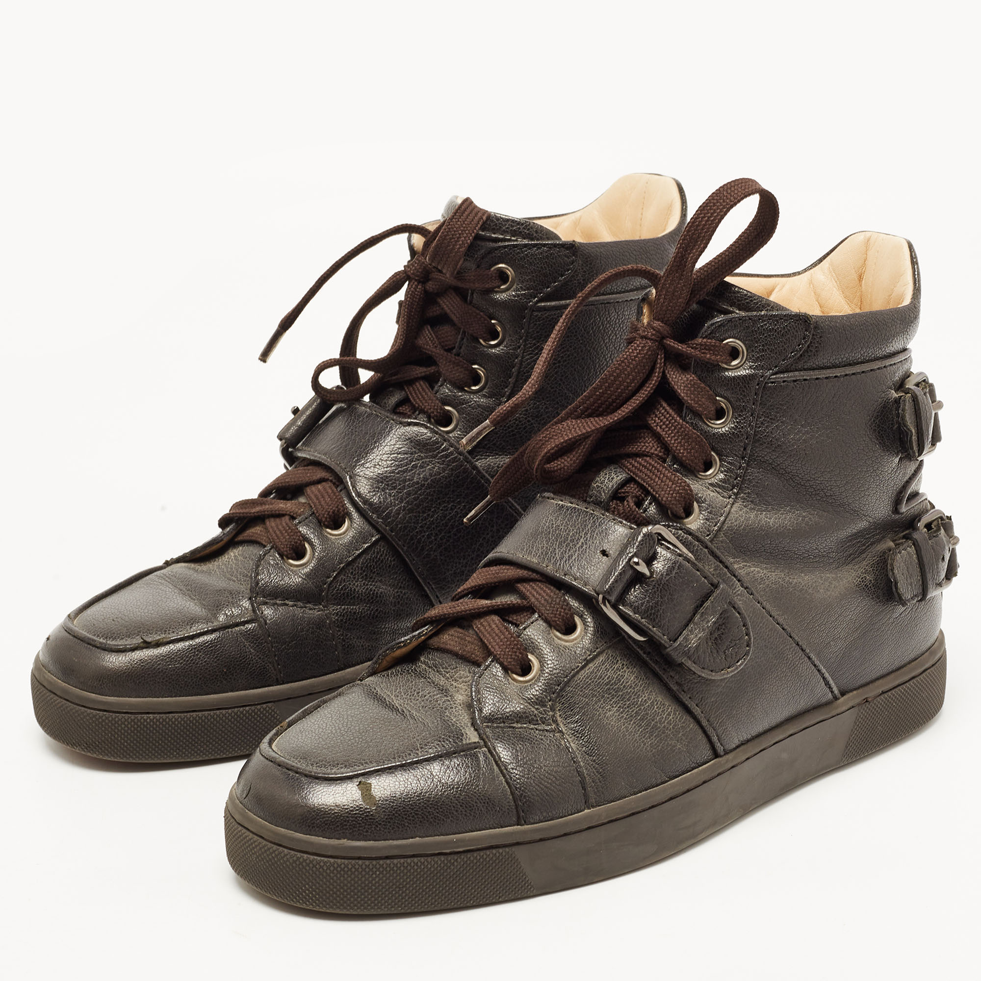 

Christian Louboutin Dark Brown Leather Buckle Detail High Top Sneakers Size