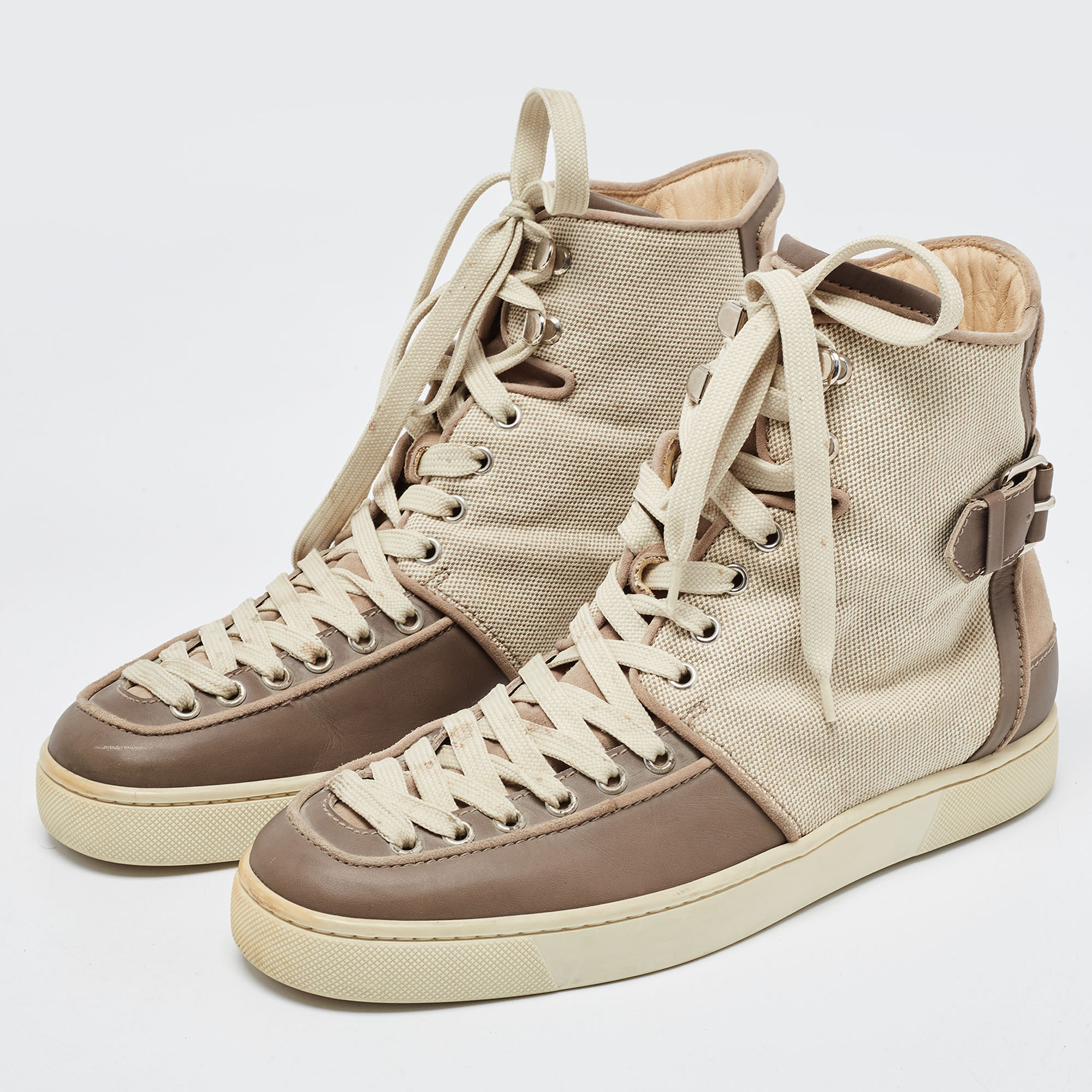 

Christian Louboutin Two Tone Canvas and Leather Alfie High Top Sneakers Size, Grey