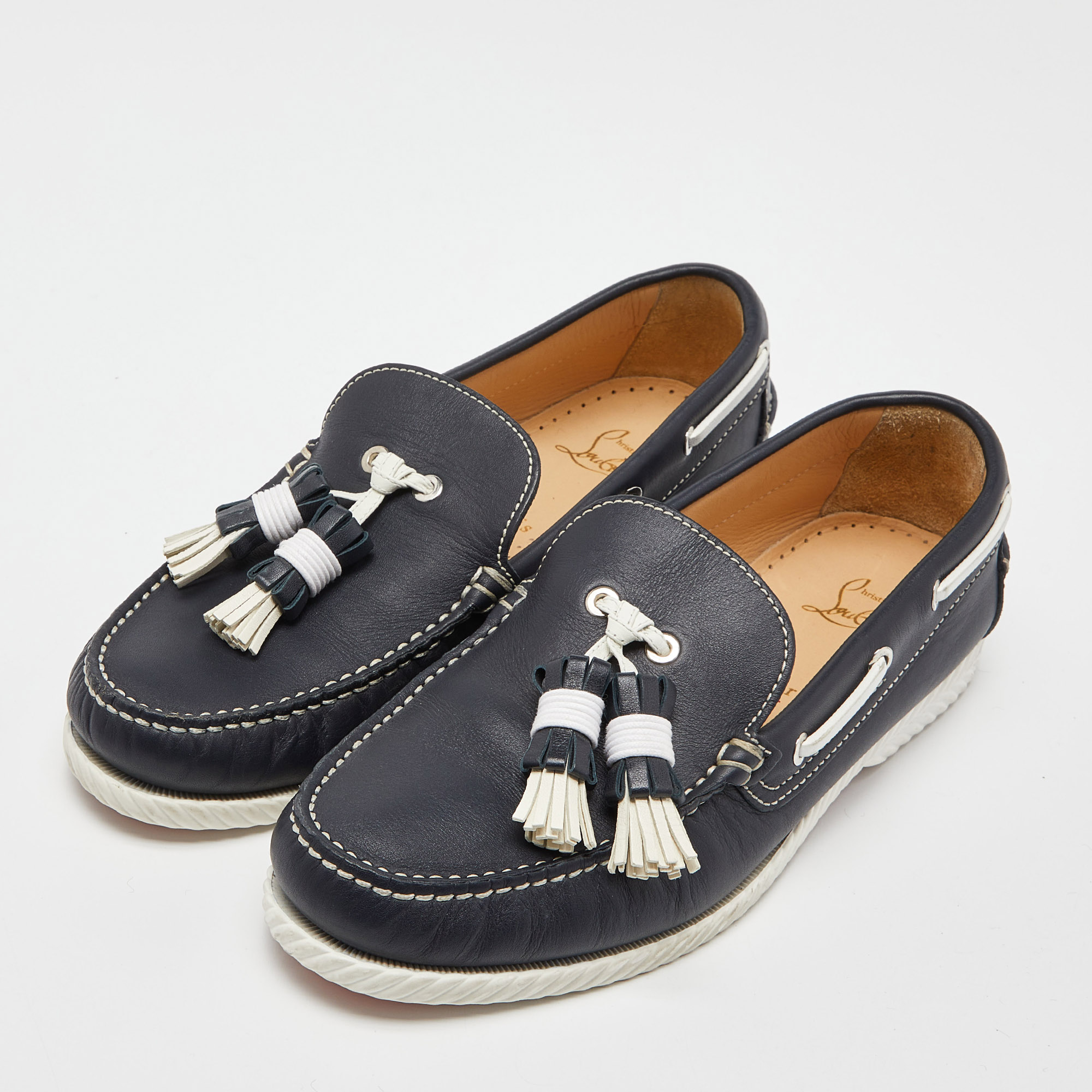 

Christian Louboutin Navy Blue Leather Tassel Boat Loafers Size
