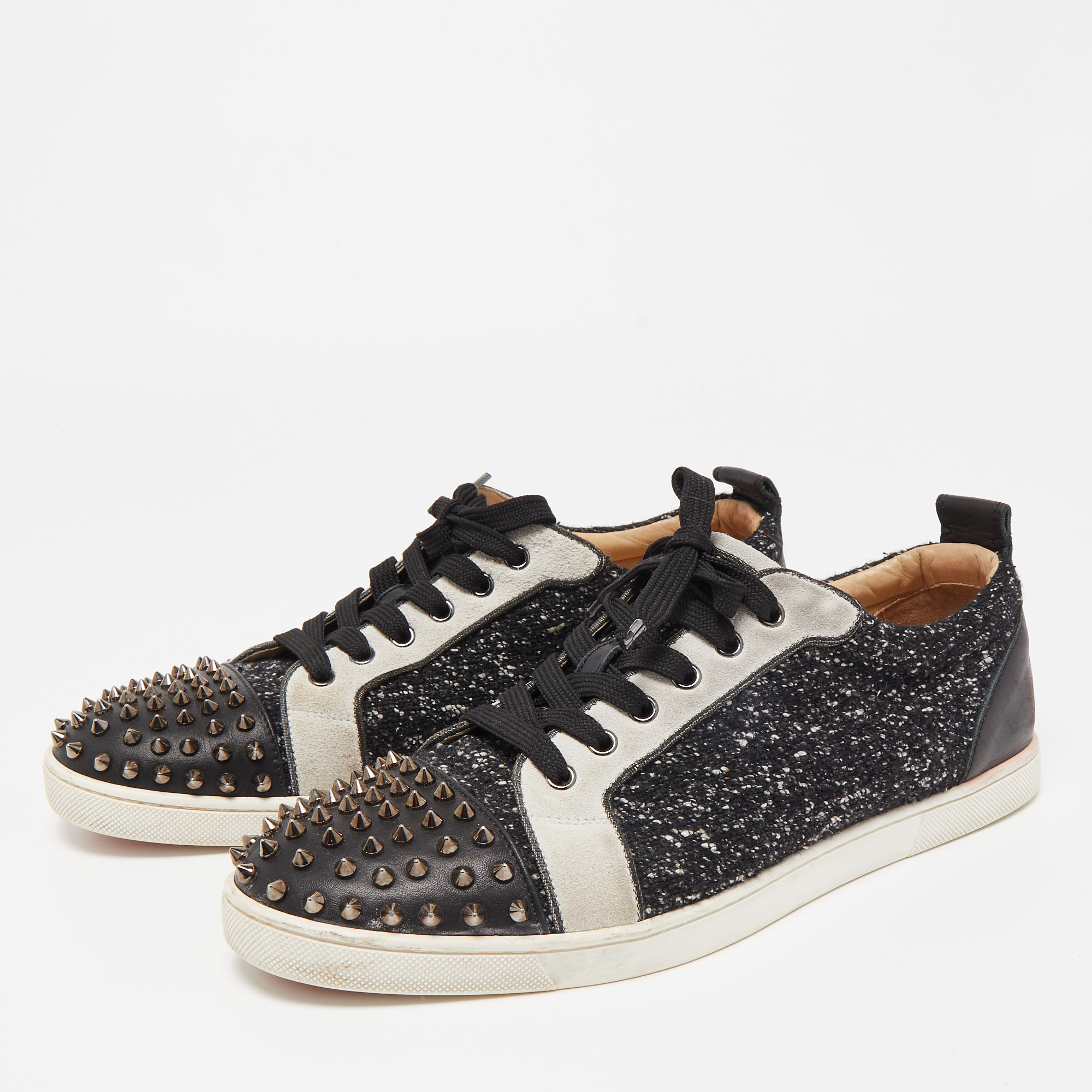 

Christian Louboutin Tricolor Leather and Fabric Louis Junior Spikes Low Top Sneakers Size, Black