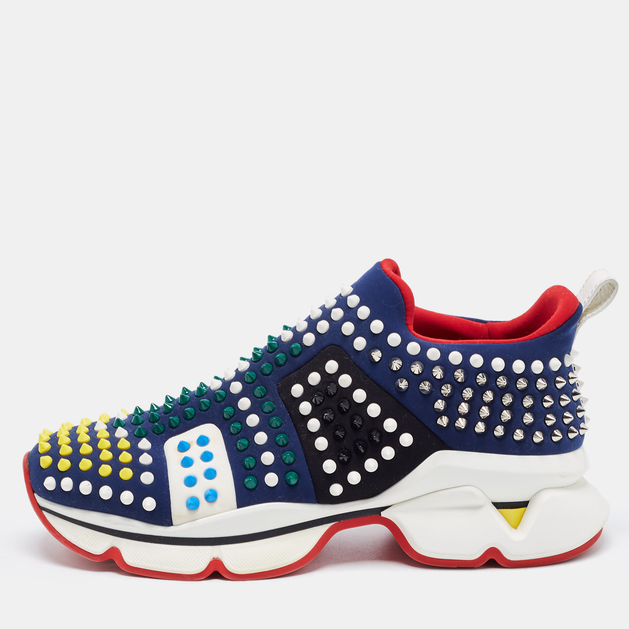 Pre-owned Christian Louboutin Navy Blue Fabric Spike Sock Trainers Size 41 In Multicolor