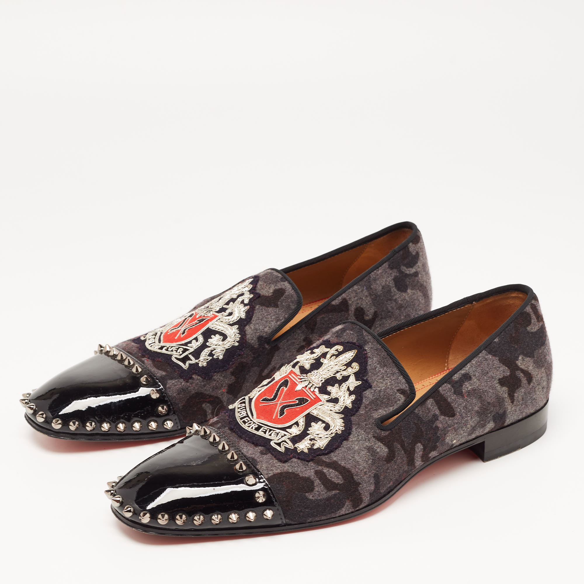 

Christian Louboutin Black/Grey Camoflauge Felt and Patent Leather Loubi Forever Spike Loafers Size