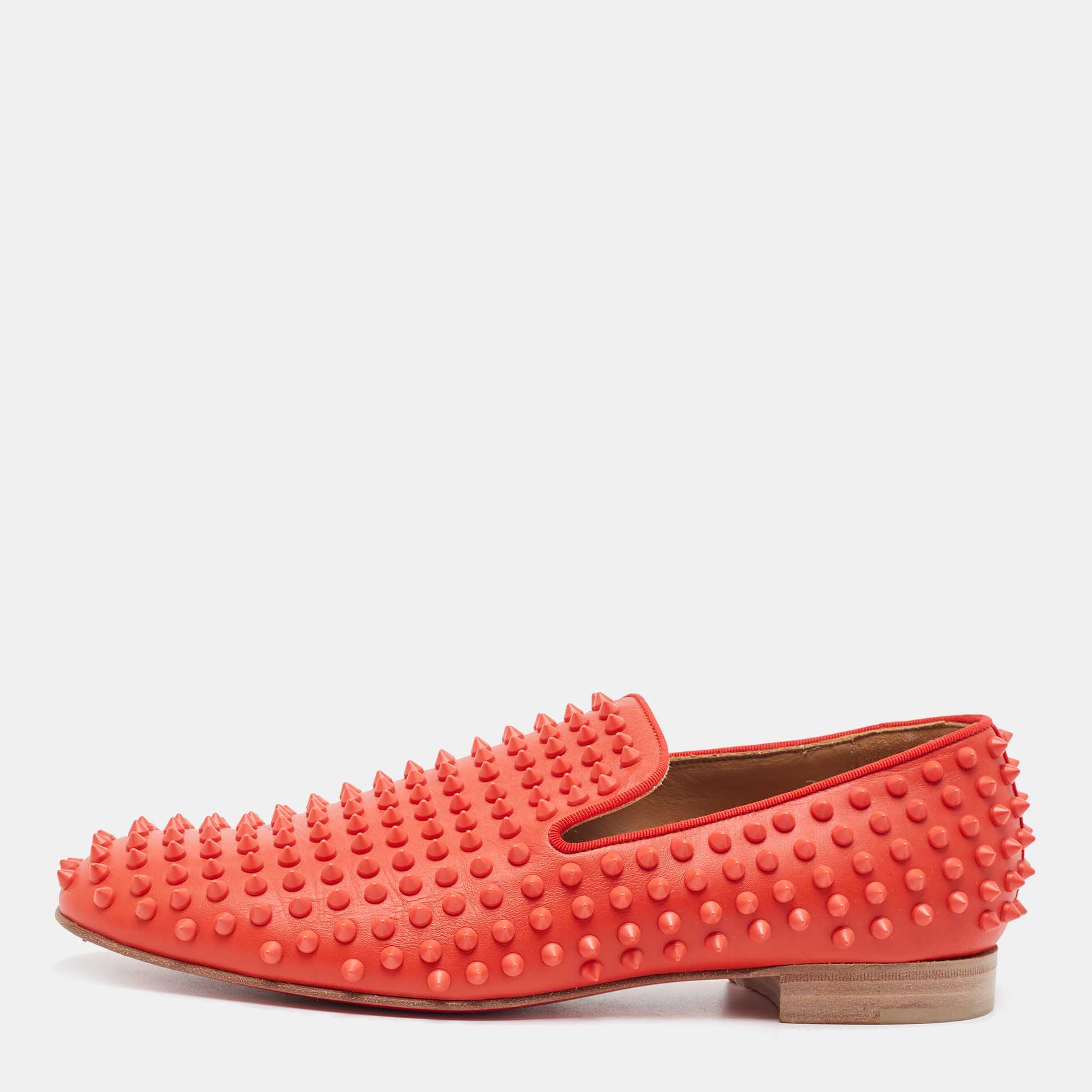 Pre-owned Christian Louboutin Red Leather Rollerboy Spikes Slip On Smoking Slippers Size 42