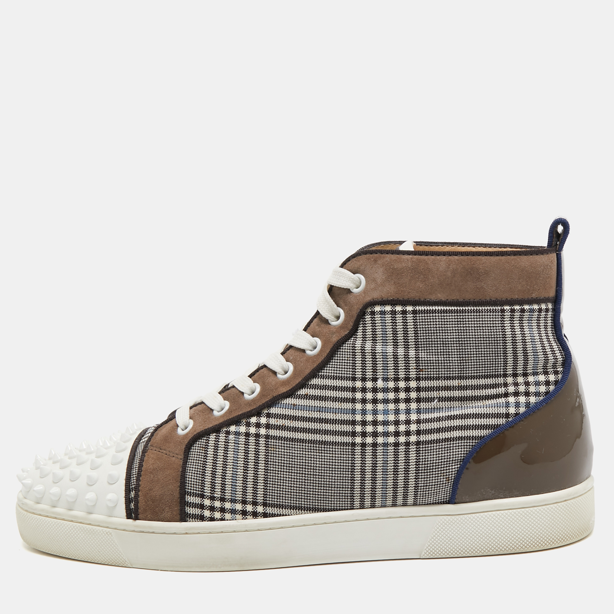 Pre-owned Christian Louboutin Multicolor Check Fabric And Leather Louis Spike High Top Sneakers Size 42.5
