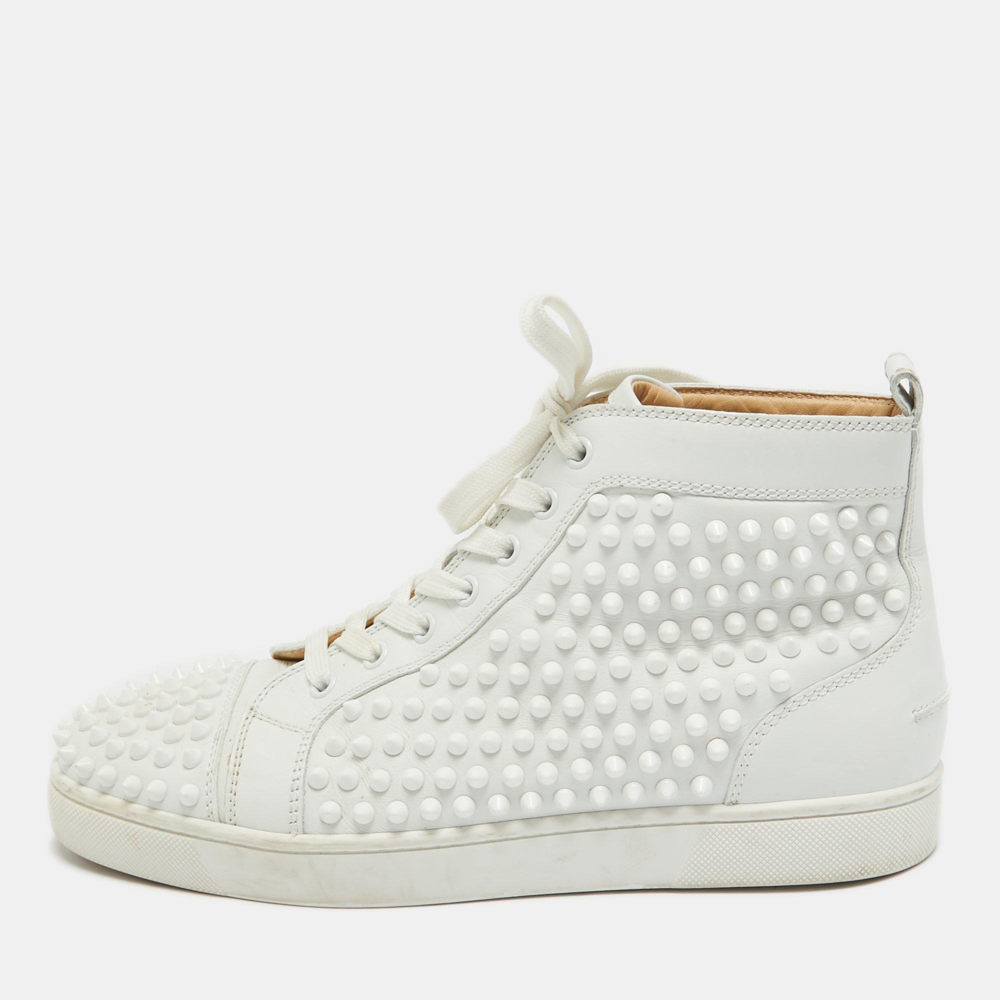 Pre-owned Christian Louboutin White Leather Louis Spikes High Top Sneakers Size 40.5