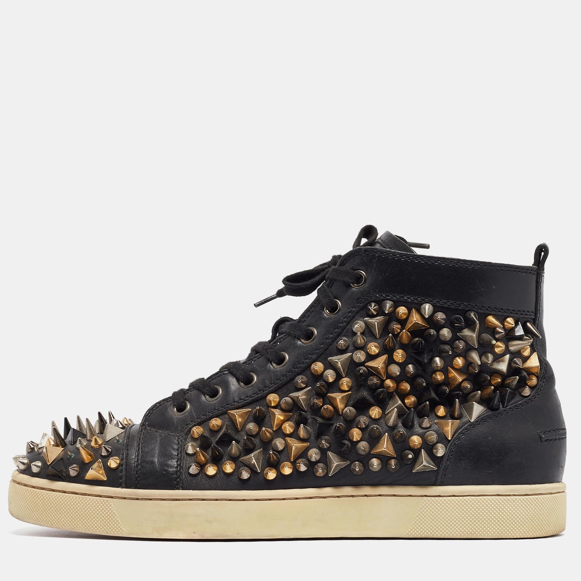 Pre-owned Christian Louboutin Black Leather Spikes High Top Sneakers Size 42