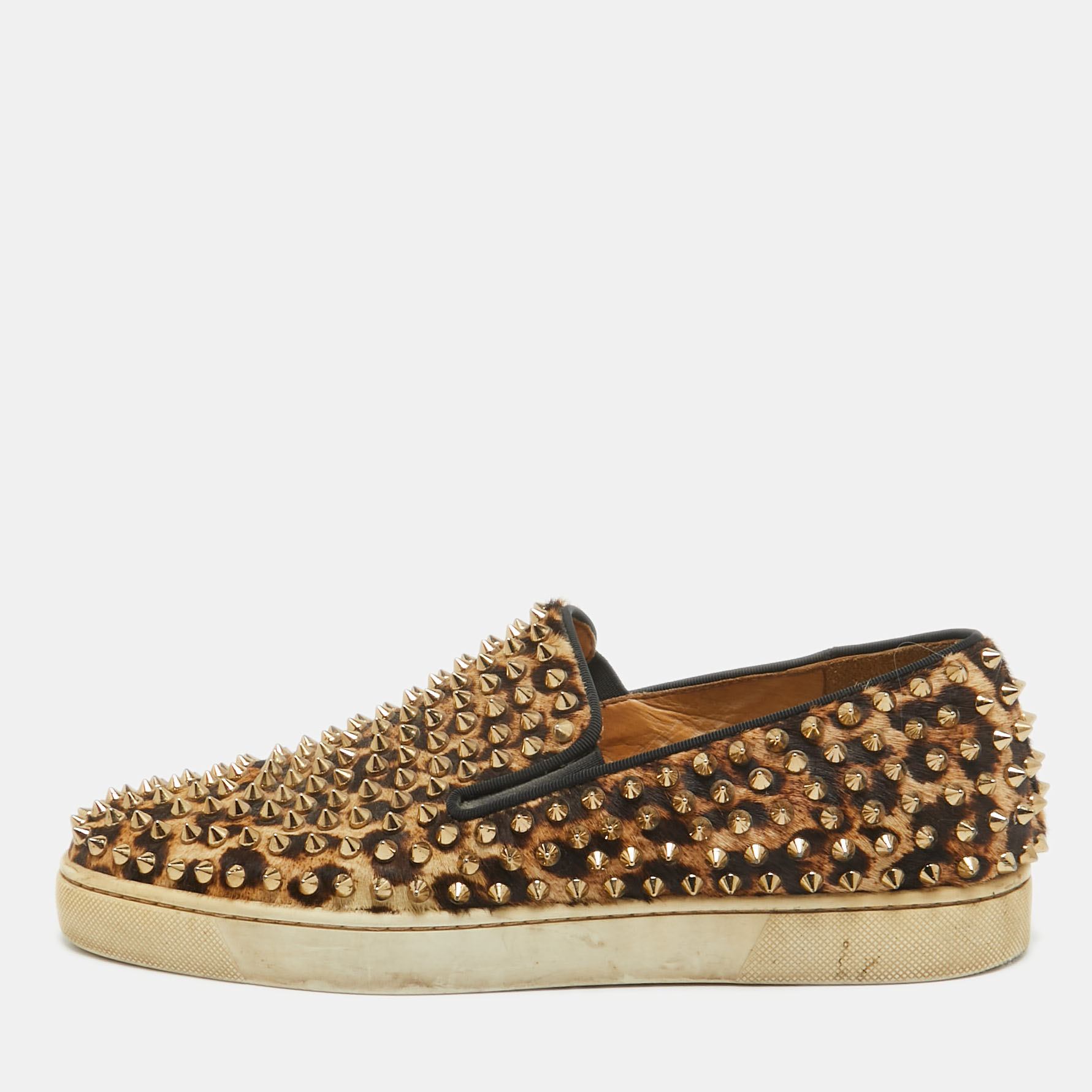 Pre-owned Christian Louboutin Beige/brown Leopard Print Calf Hair Spike Pik Boat Sneakers Size 40.5
