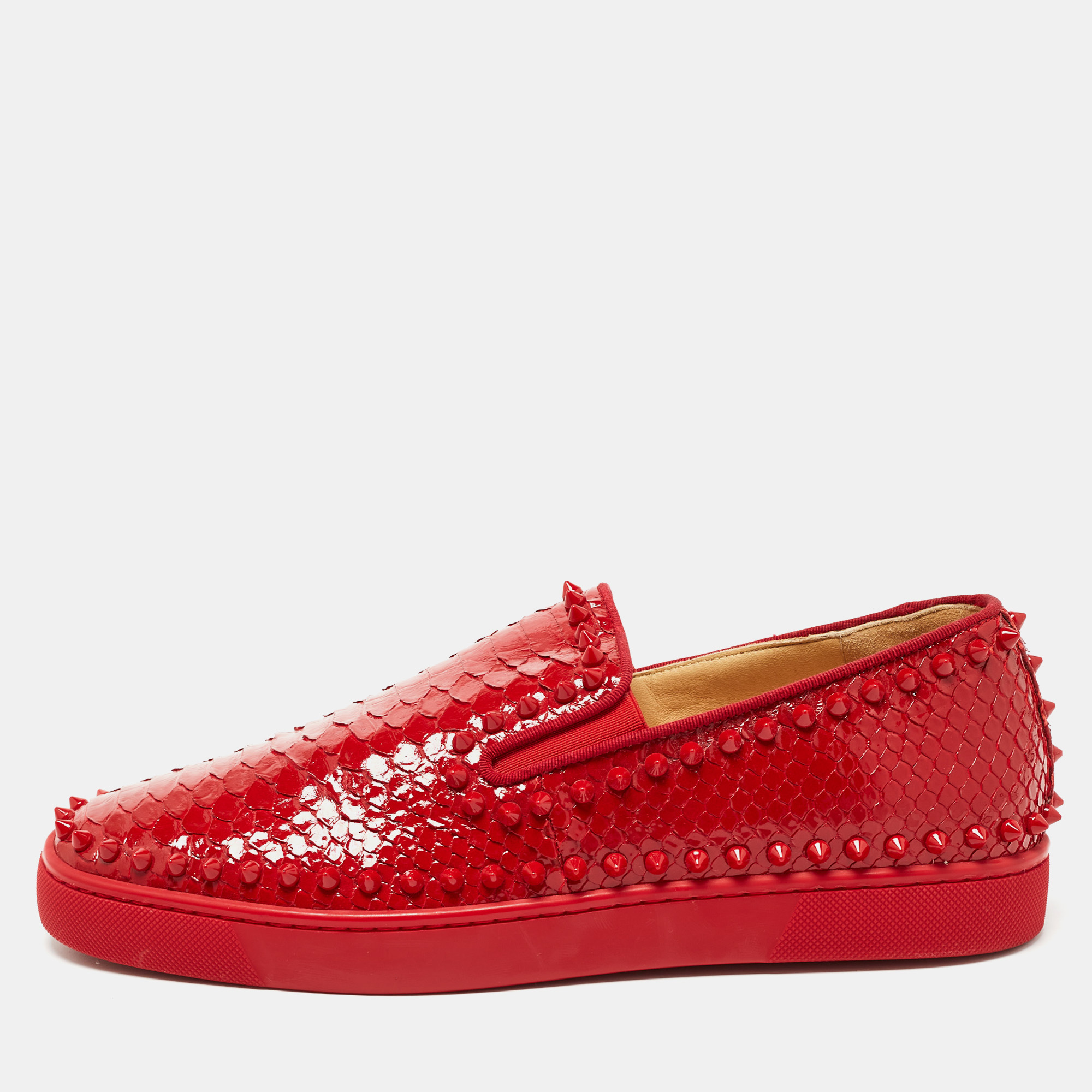 Pre-owned Christian Louboutin Red Python Spike Pik Boat Trainers Size 42.5