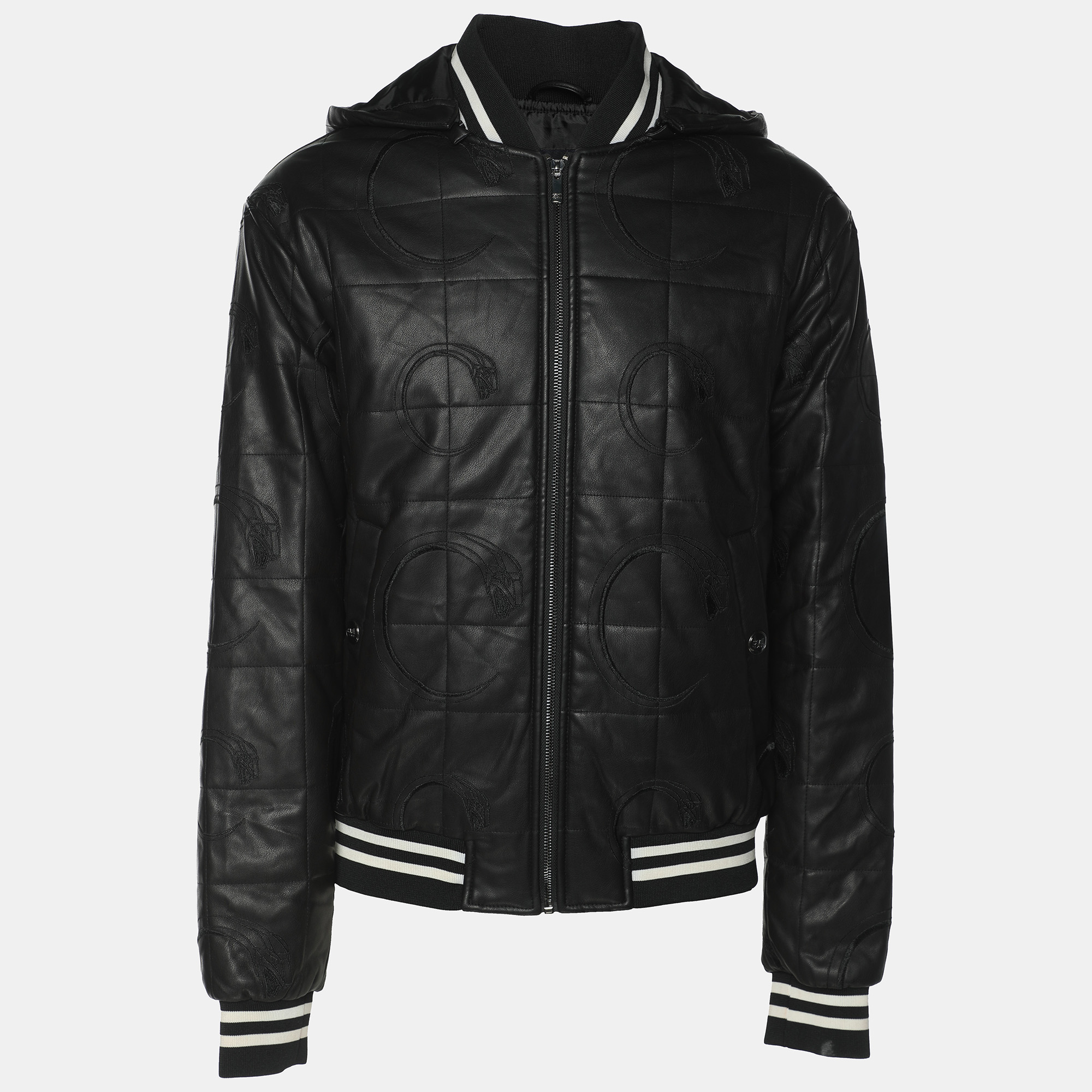 

Class by Roberto Cavalli Dark Brown Faux Leather Logo Embroidered Removable Hoodie Jacket M